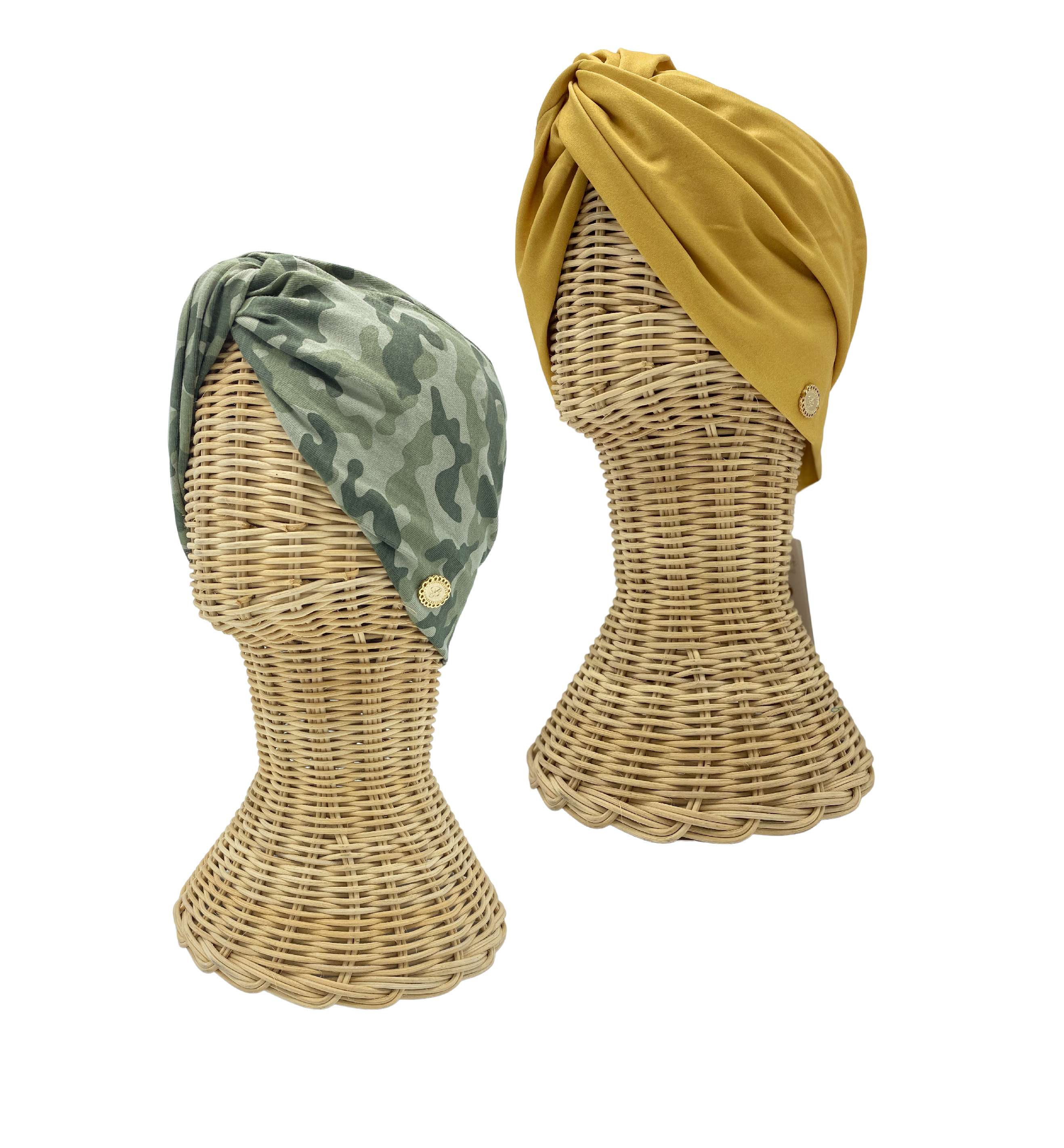 Imagem 0 de Conjunto de dois turbantes de senhora padrão camuflado e turbante amarelo mostarda liso