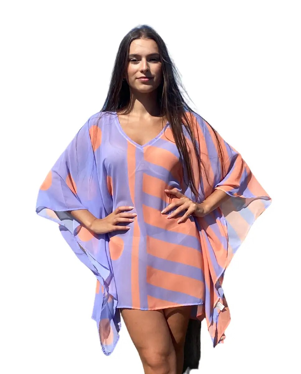 Imagem 0 de Kaftan curto Equador com padrão bola e risca Lilás e salmão