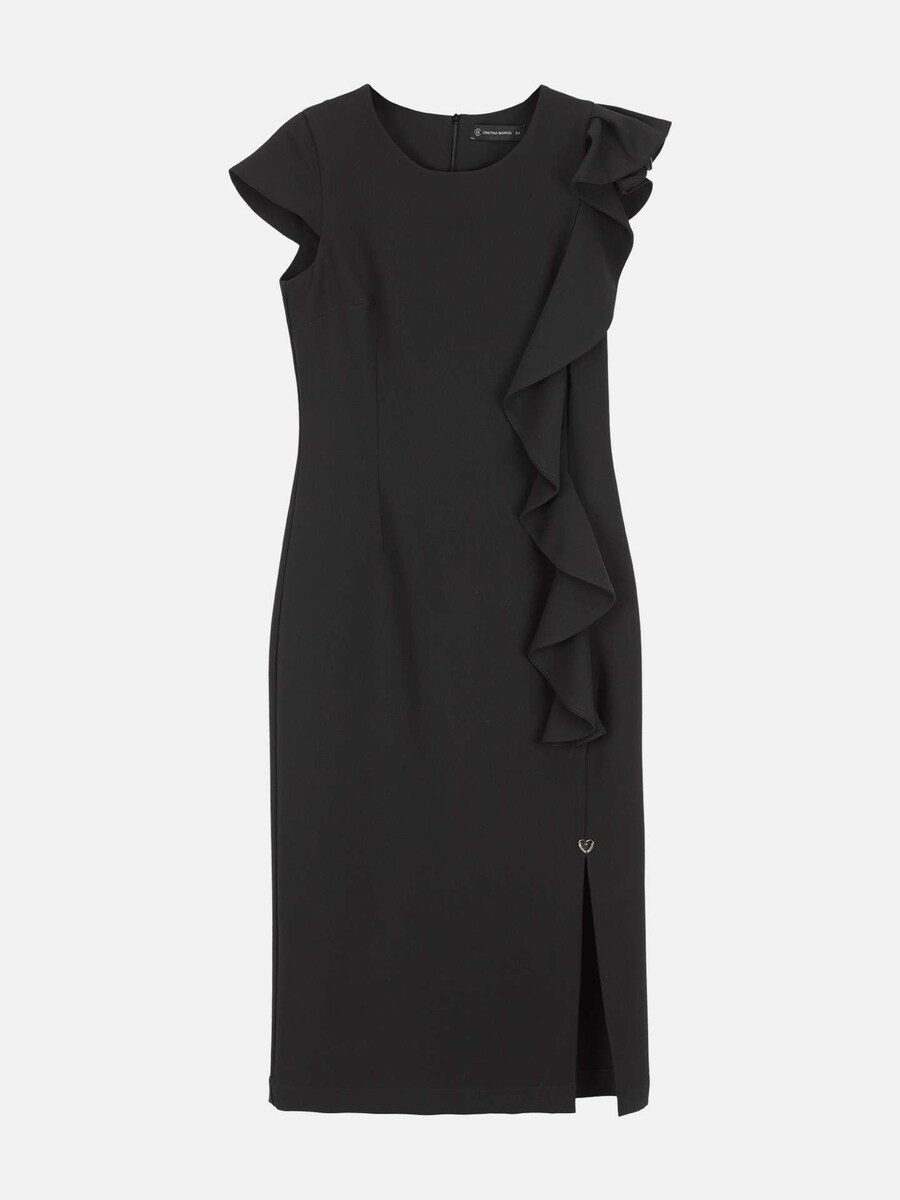 Vestido Midi com Folho Preto-1