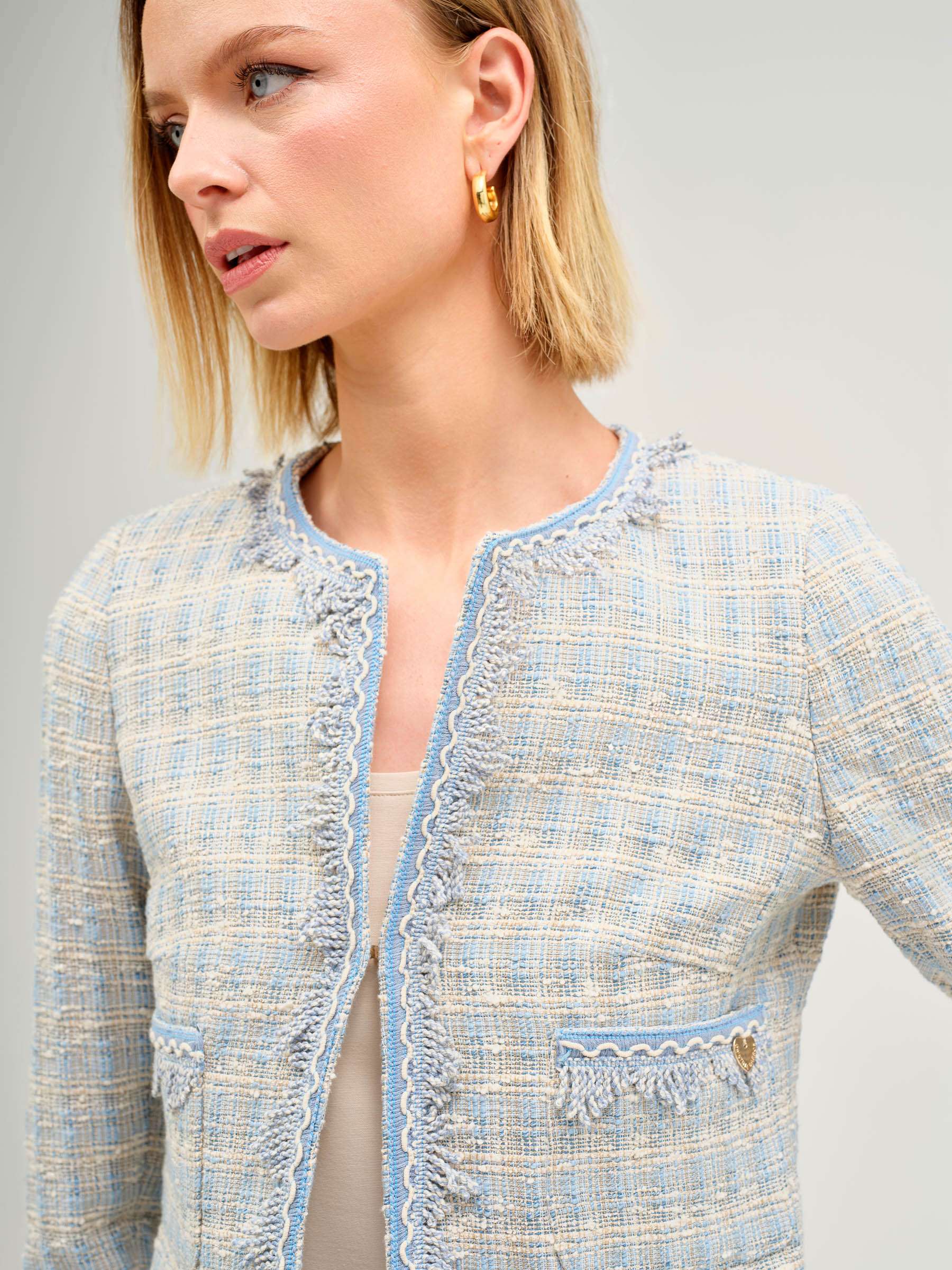 Casaco Tweed com Decote Redondo Azul-claro-3