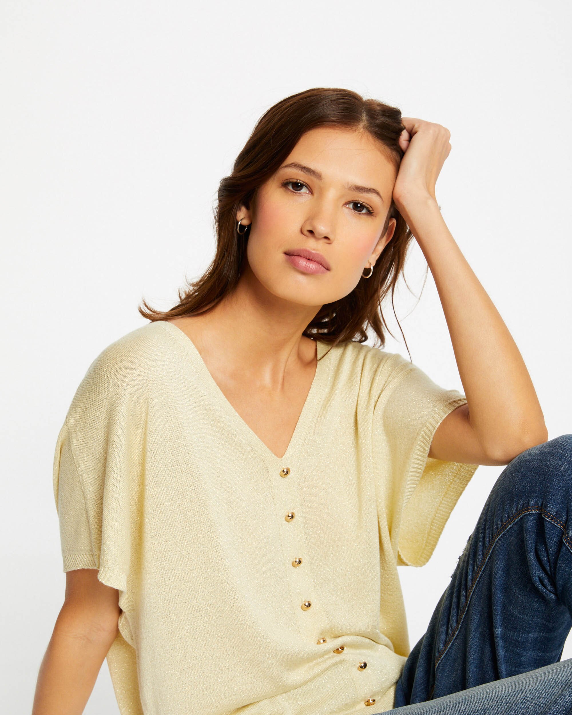 Camisola de Manga Curta com Botões Decorativos Creme-6