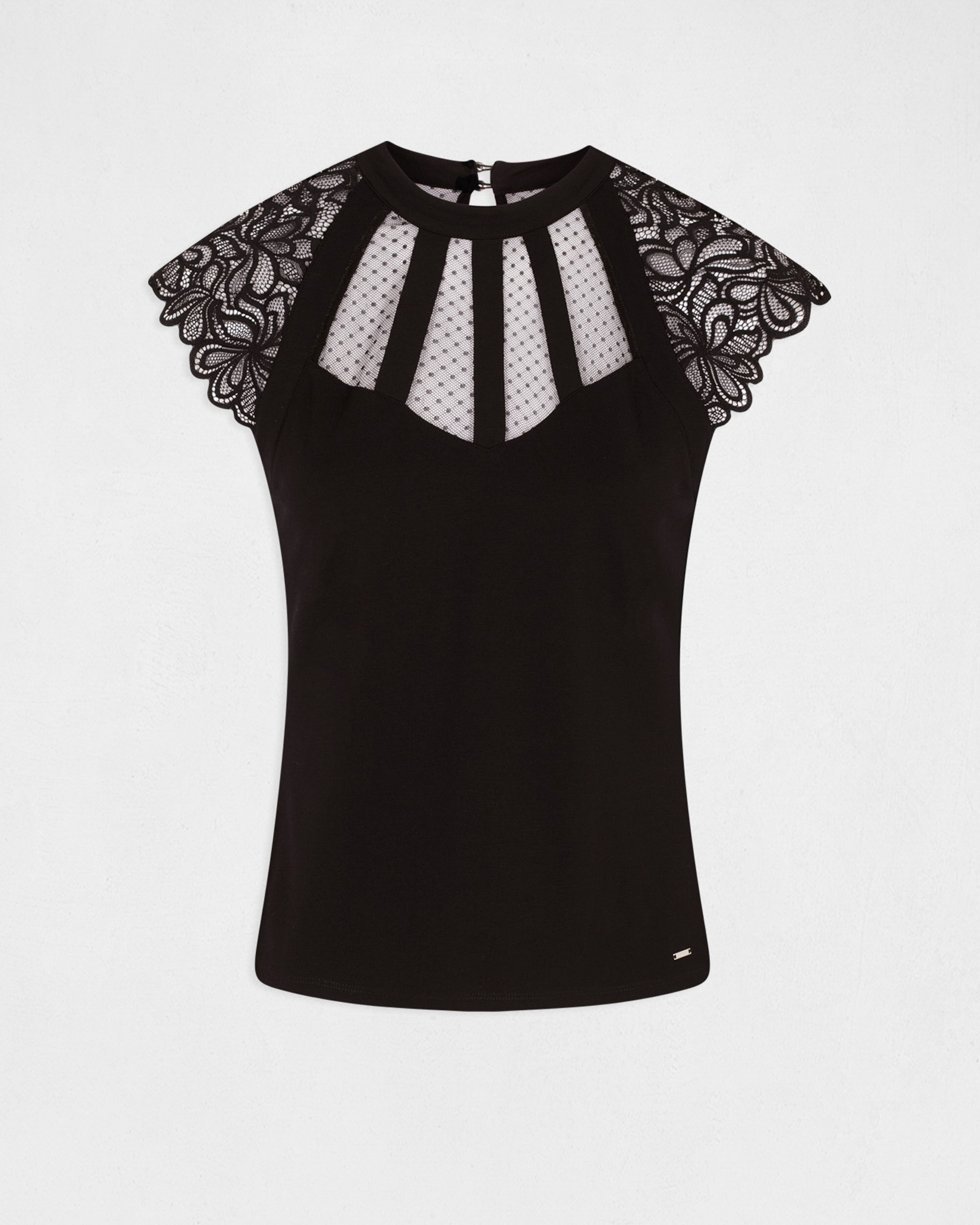 T-shirt de Manga Curta com Renda Preto-2