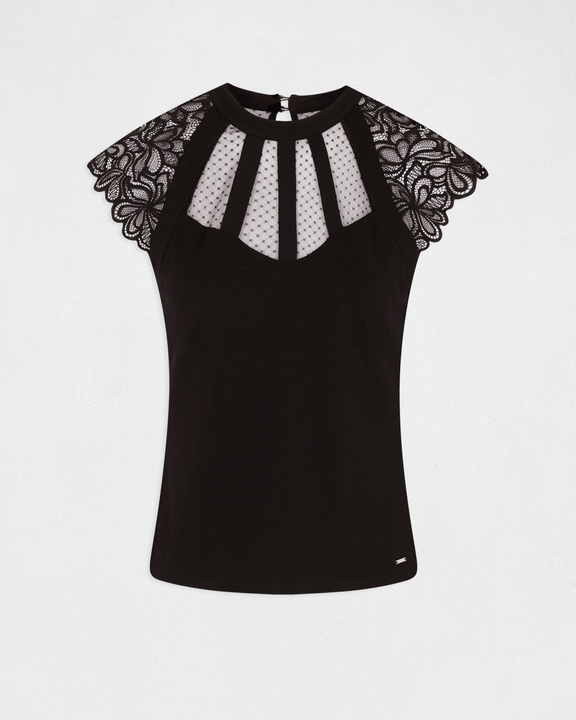 T-shirt de Manga Curta com Renda Preto-2