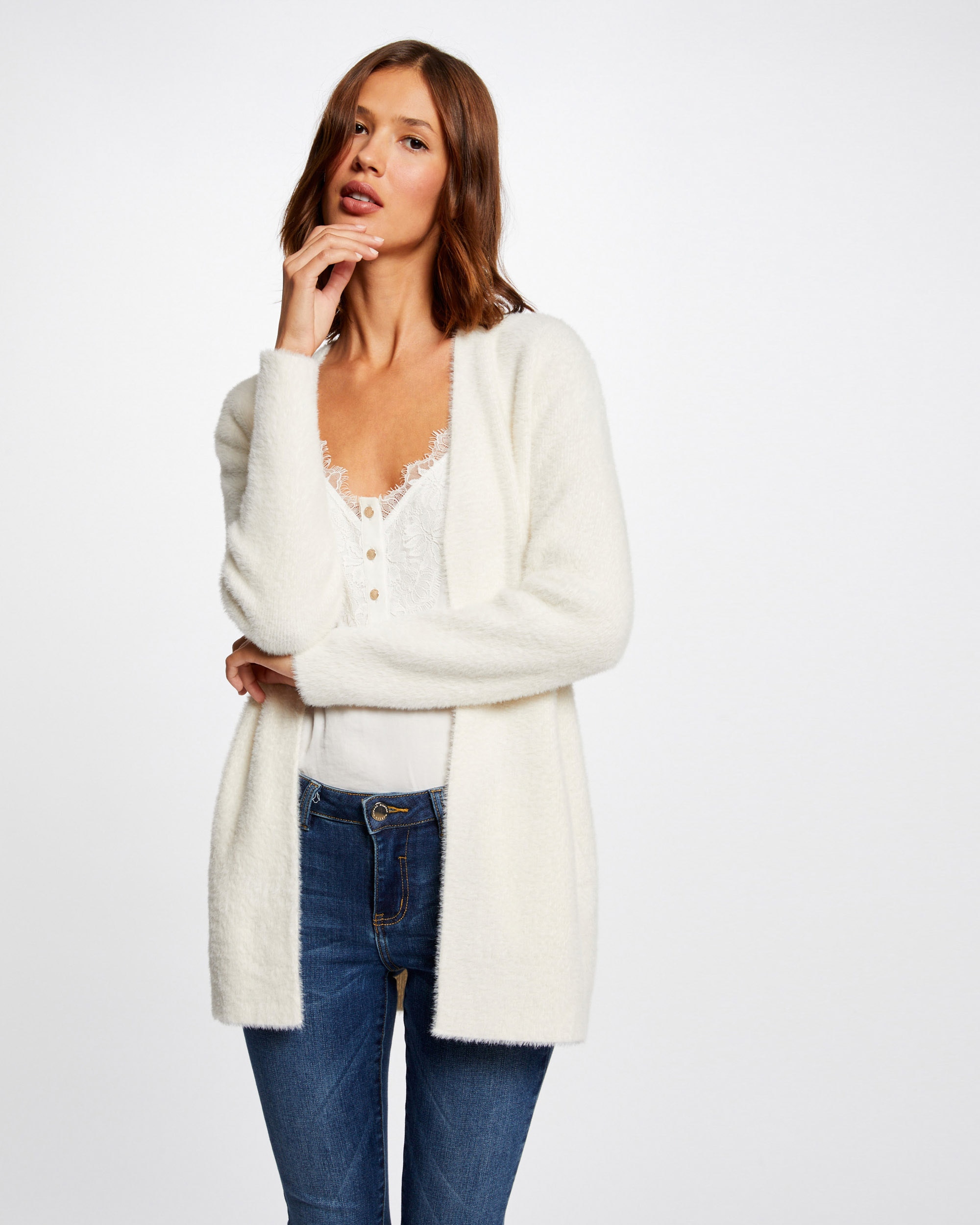 Cárdigan Comprido de Malha Aterciopelada Branco-6