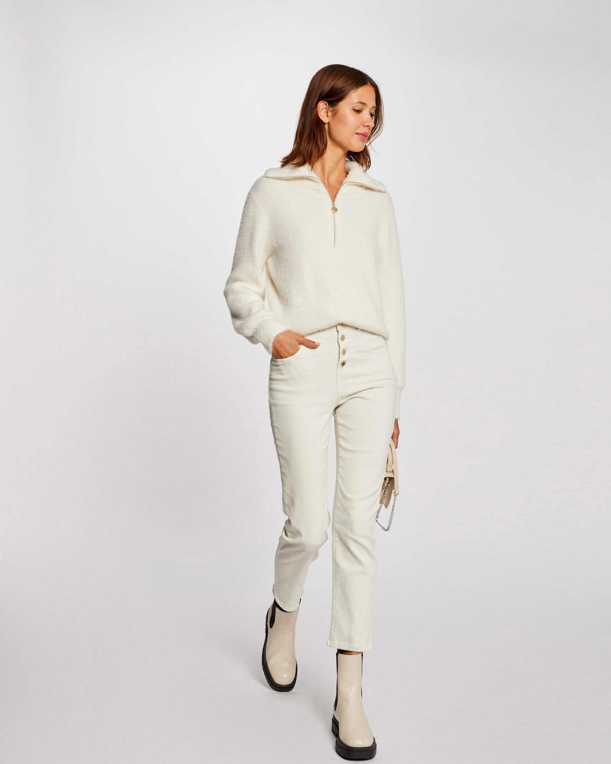 Camisola de Manga Comprida com Gola e Fecho Zip Branco-4