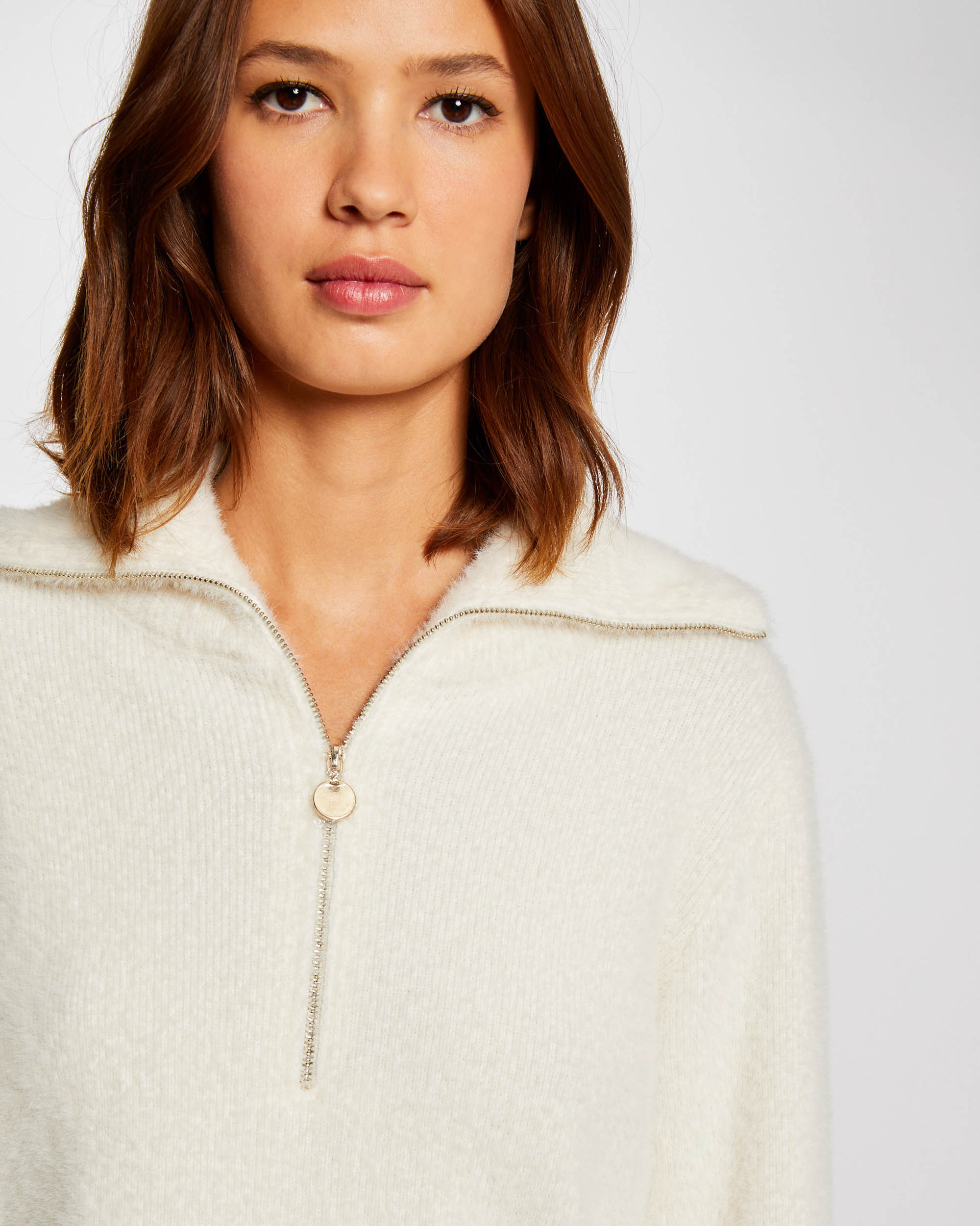 Camisola de Manga Comprida com Gola e Fecho Zip Branco-5