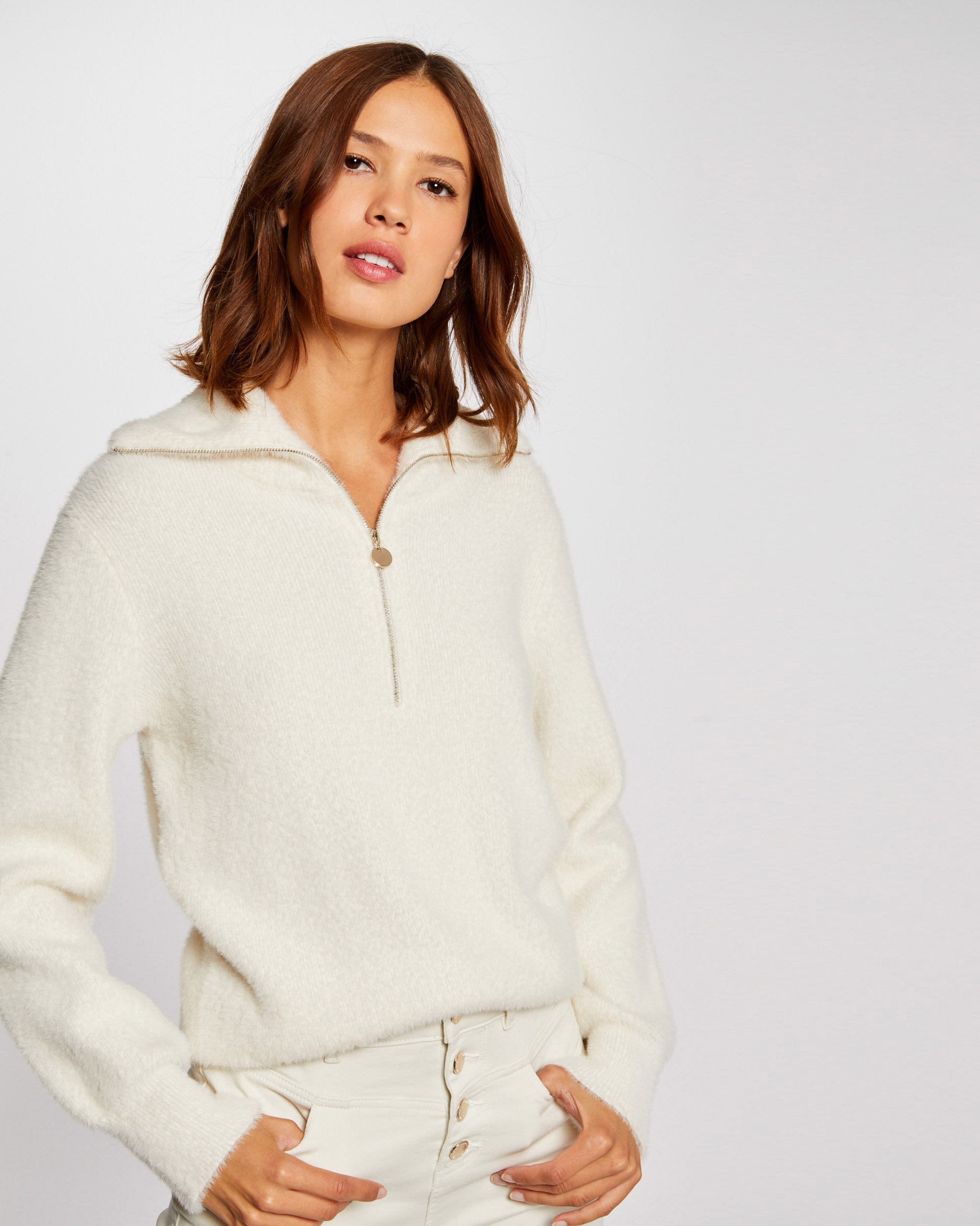 Camisola de Manga Comprida com Gola e Fecho Zip Branco-6