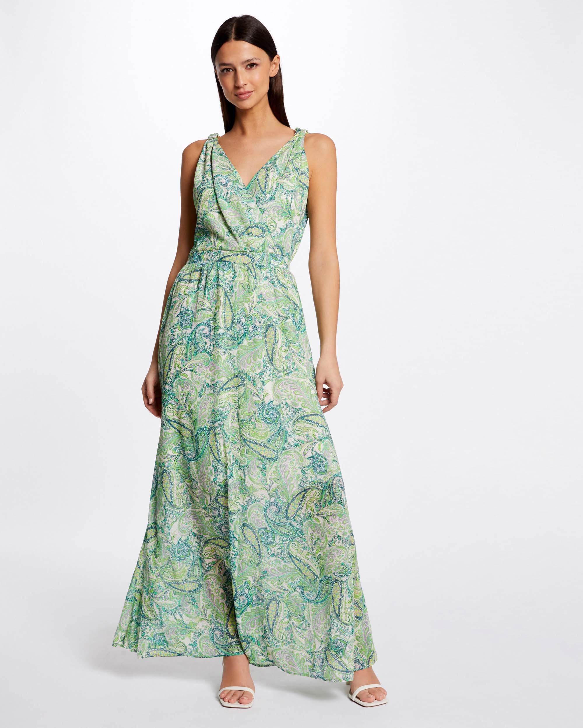Vestido Comprido Evasê Estampado Verde-1