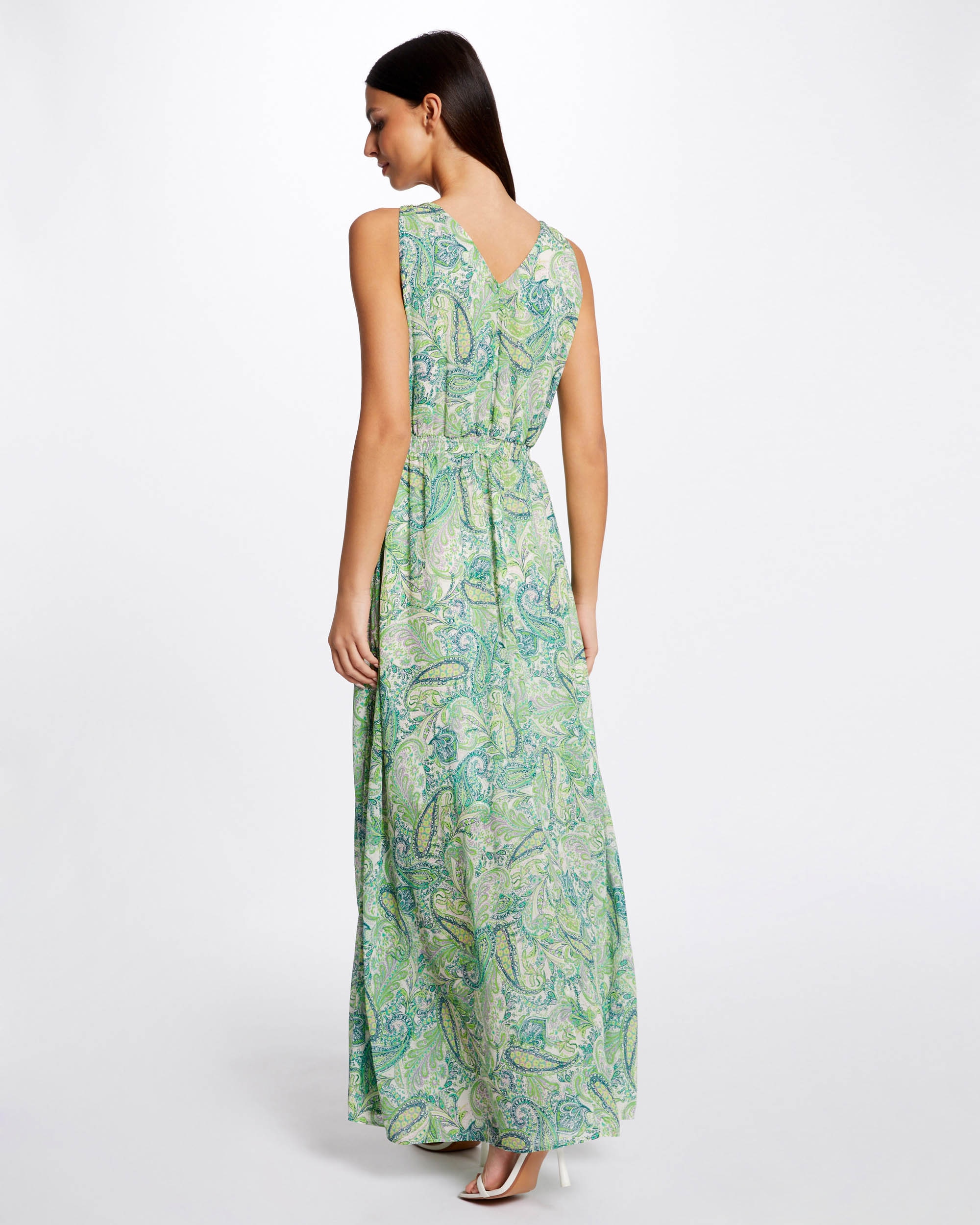 Vestido Comprido Evasê Estampado Verde-2