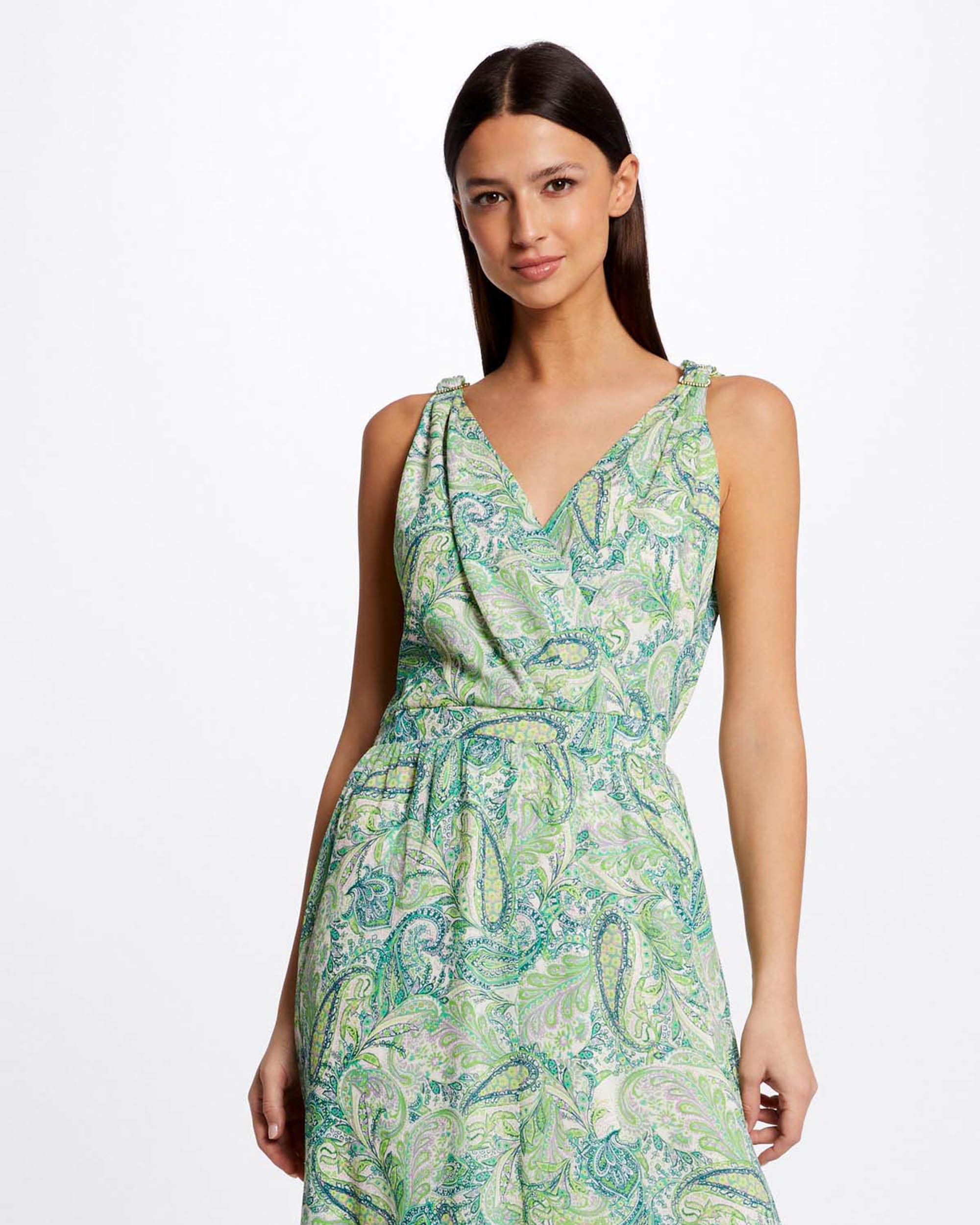 Vestido Comprido Evasê Estampado Verde-3