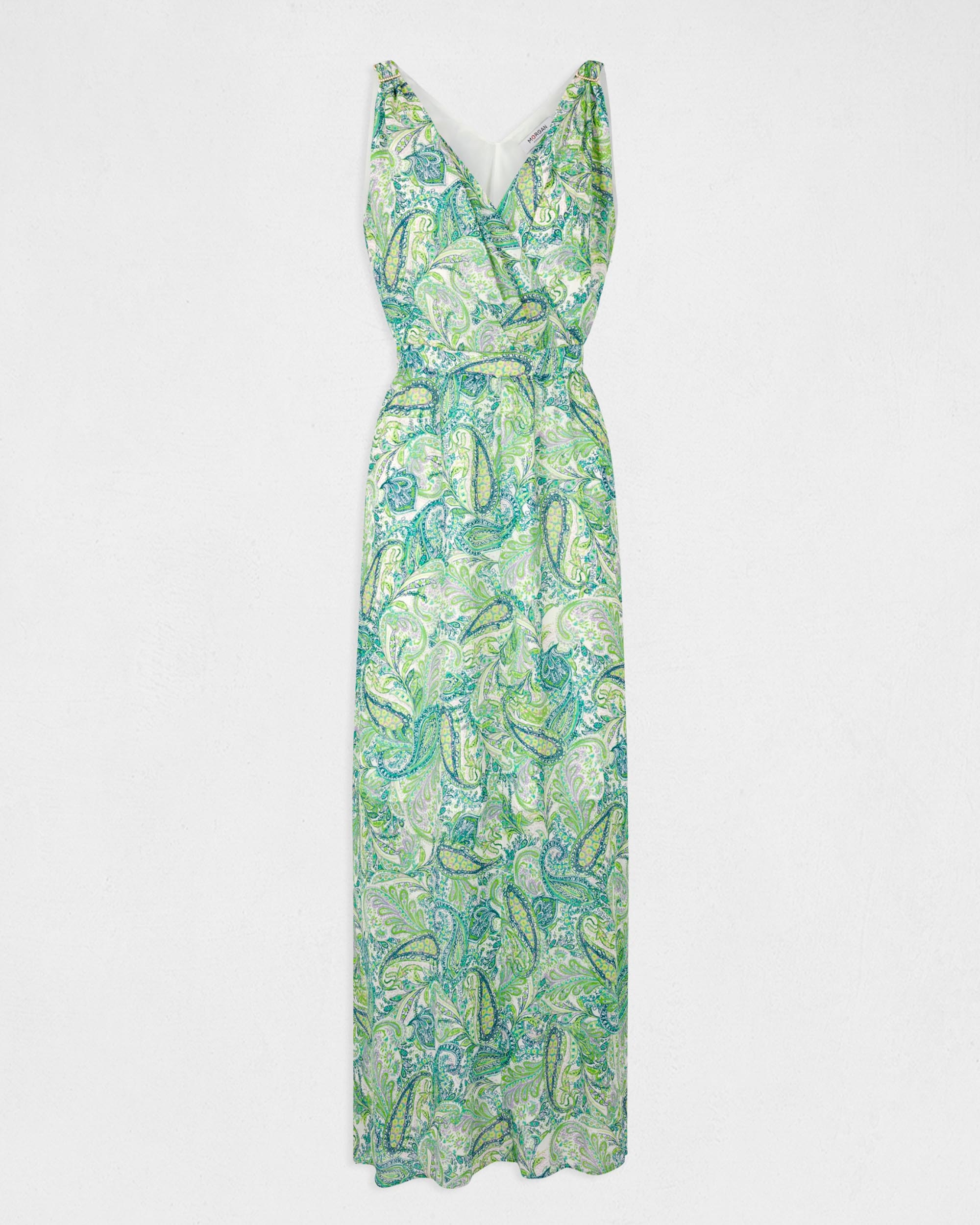 Vestido Comprido Evasê Estampado Verde-4