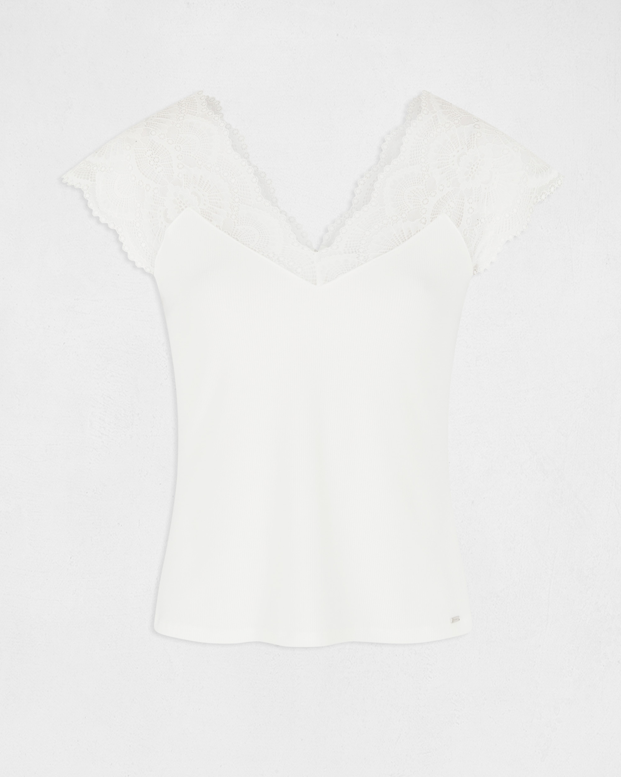 T-shirt com Renda e Decote em V Preto brilhante-3