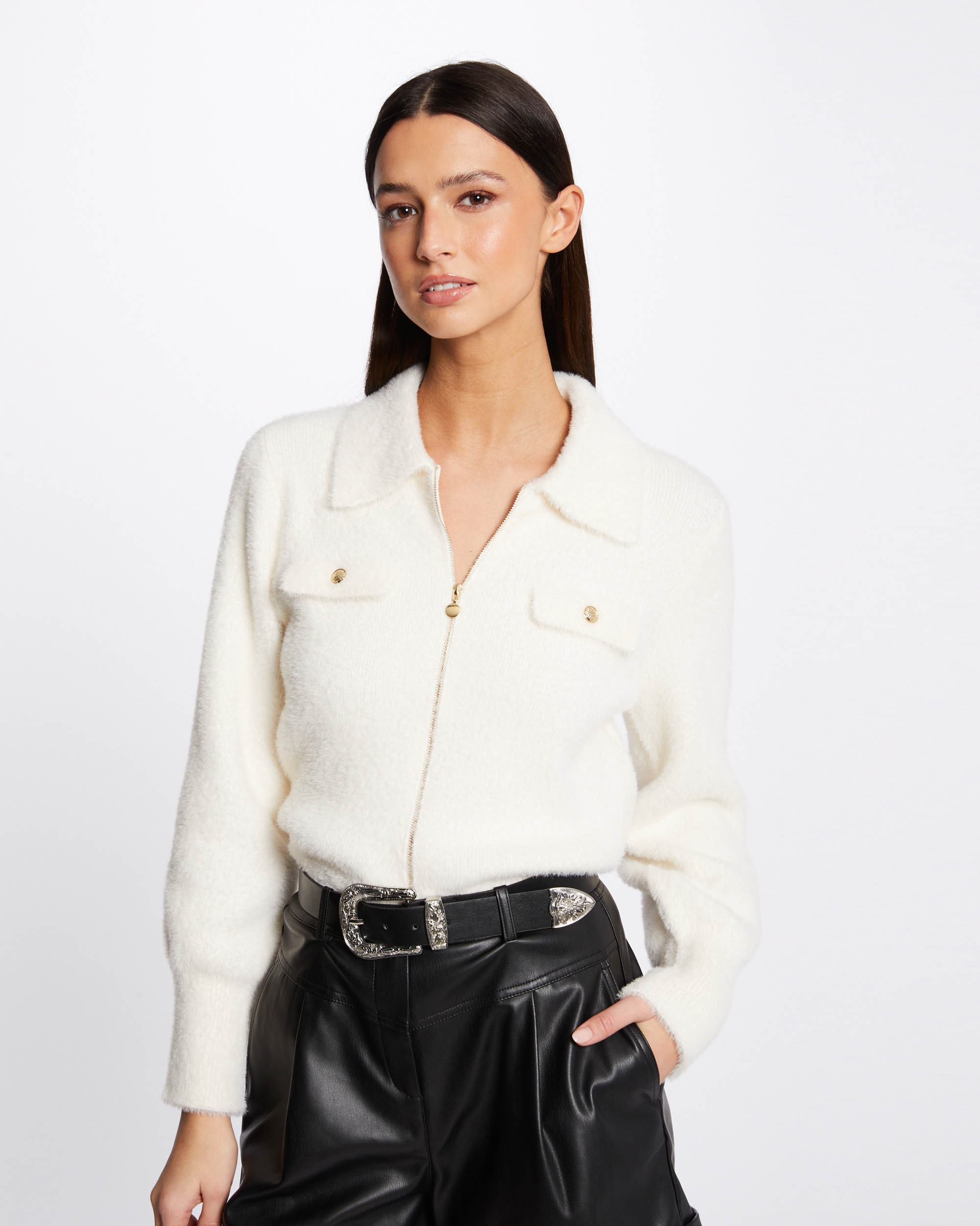 Cardigan de Manga Comprida com Gola de Lapela Branco-6
