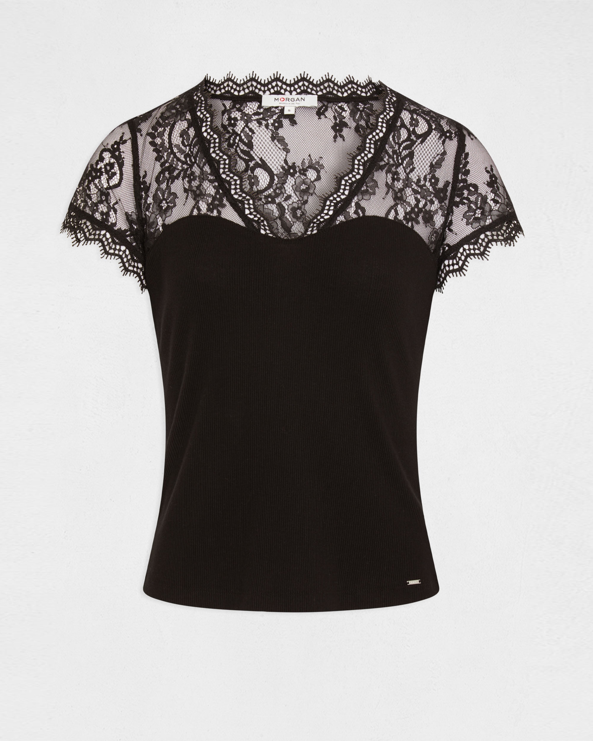 T-shirt de Manga Curta com Renda Preto-2