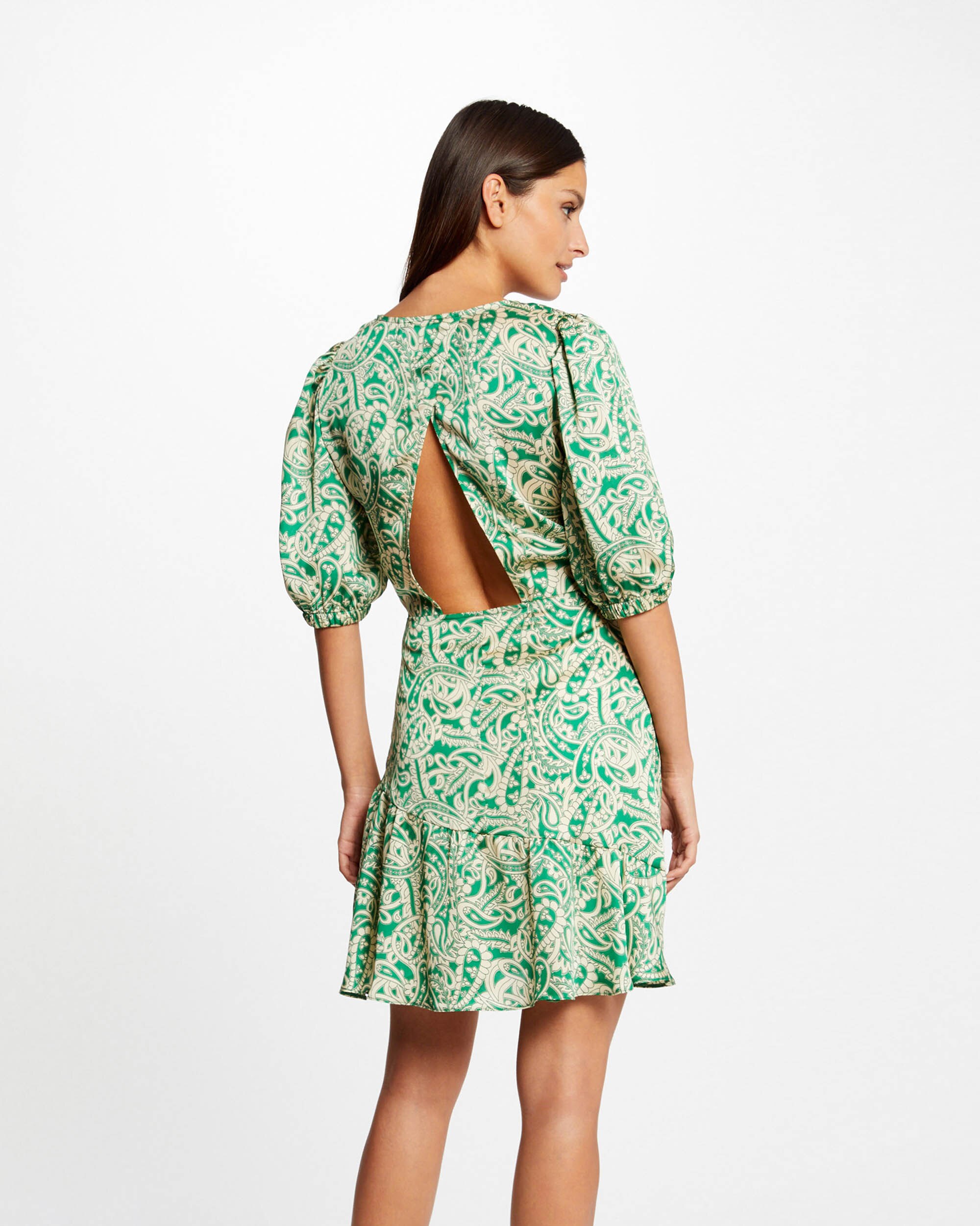 Vestido de Cetim com Estampado e Folhos Verde-2