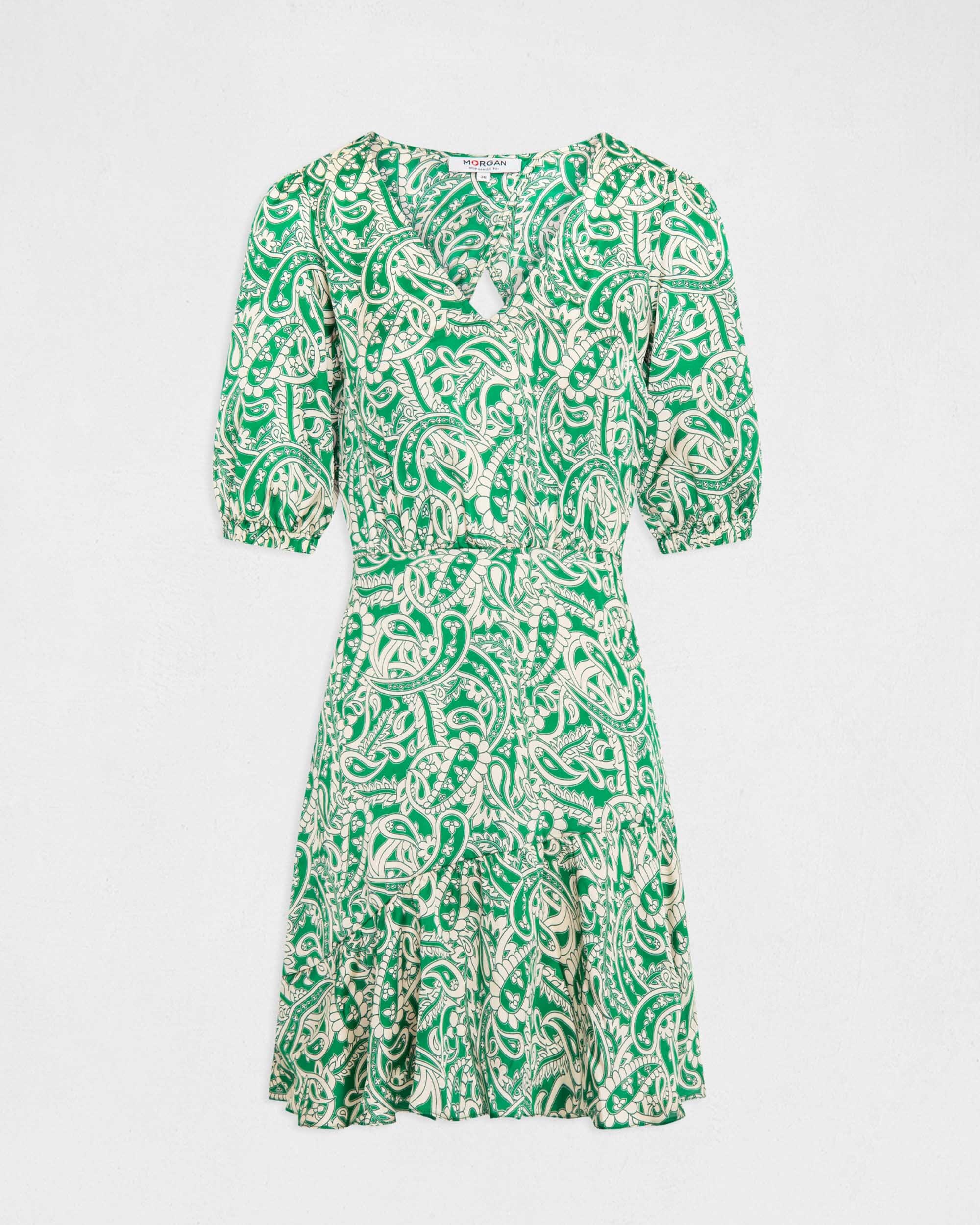 Vestido de Cetim com Estampado e Folhos Verde-4