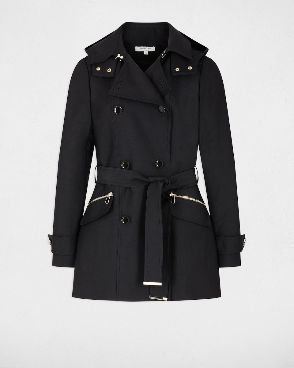 Gabardina Ajustada com Cinto e Capuz Preto-4