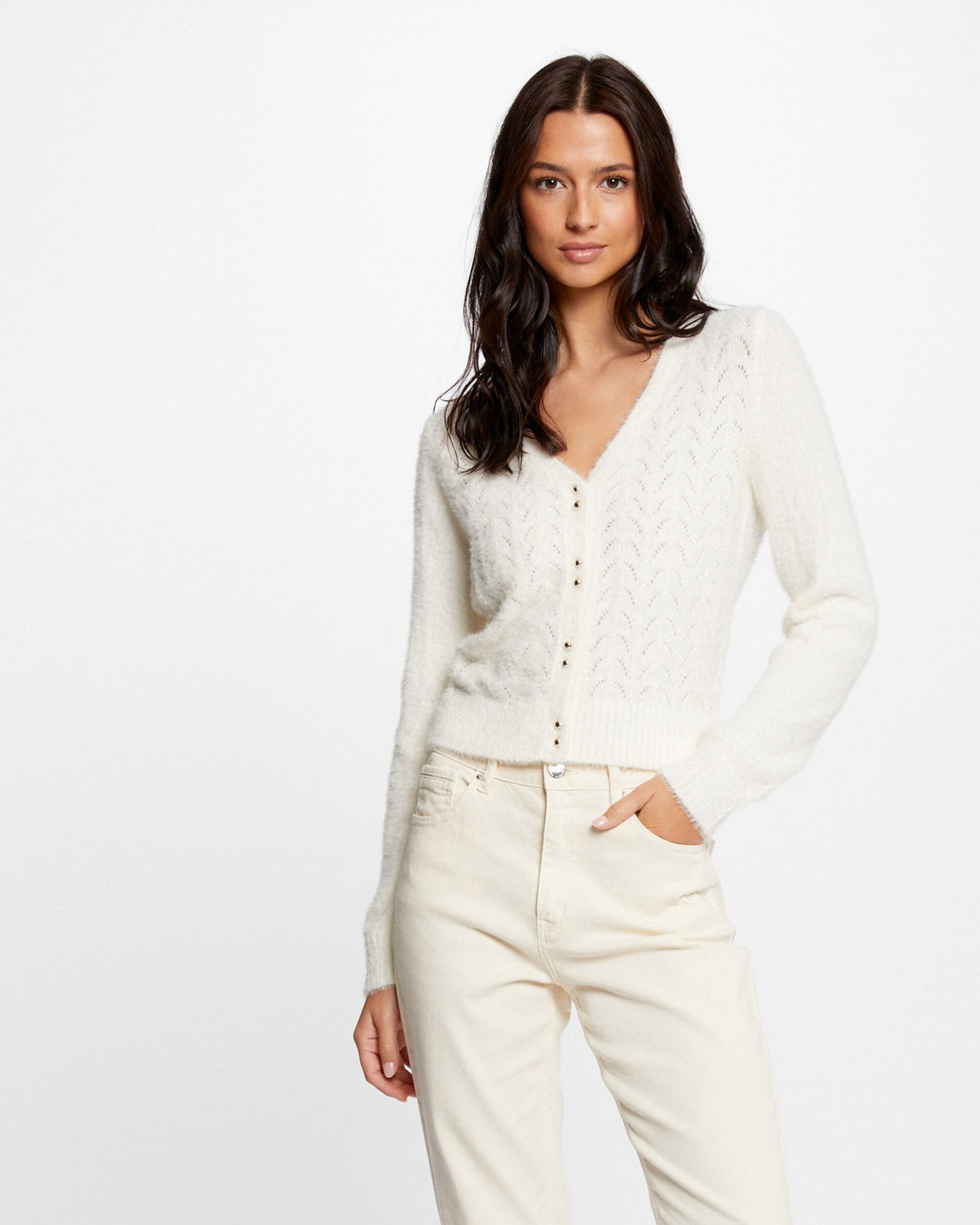 Cardigan de Manga Comprida com Detalhes Perfurados Creme-1