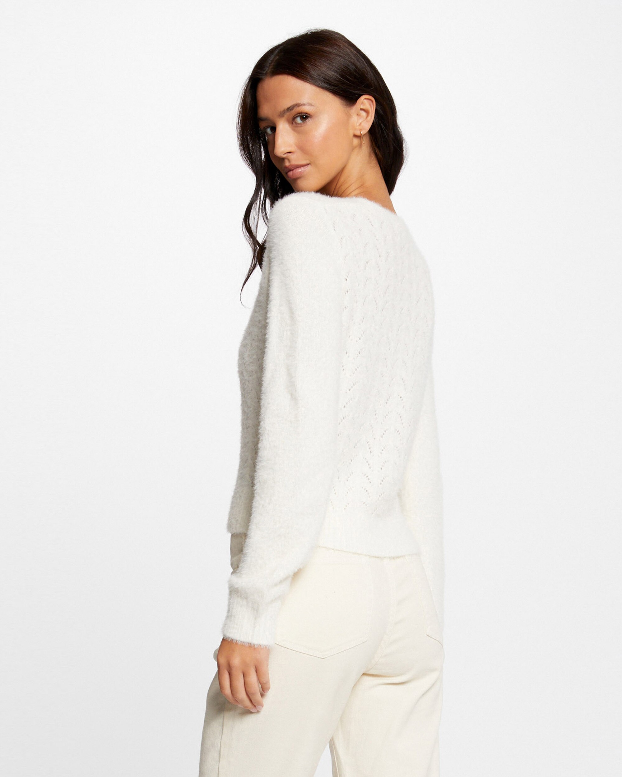 Cardigan de Manga Comprida com Detalhes Perfurados Creme-2