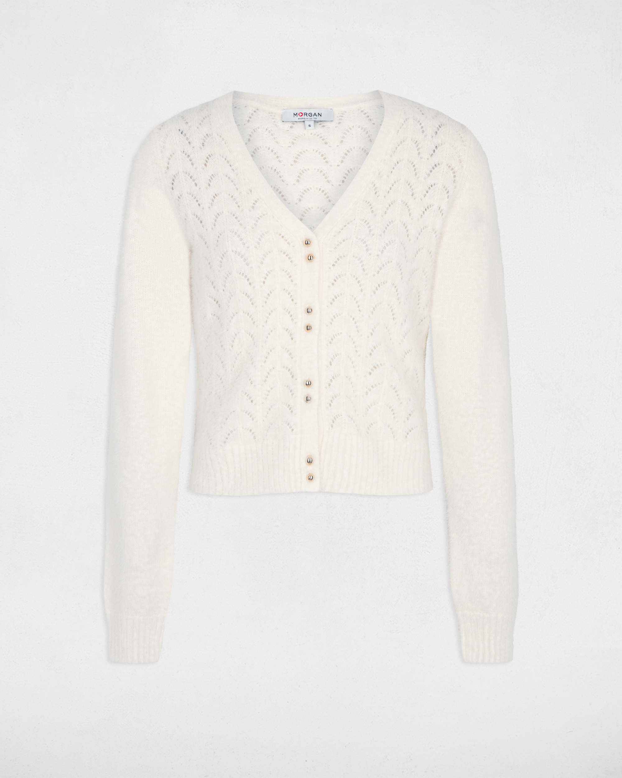 Cardigan de Manga Comprida com Detalhes Perfurados Creme-3