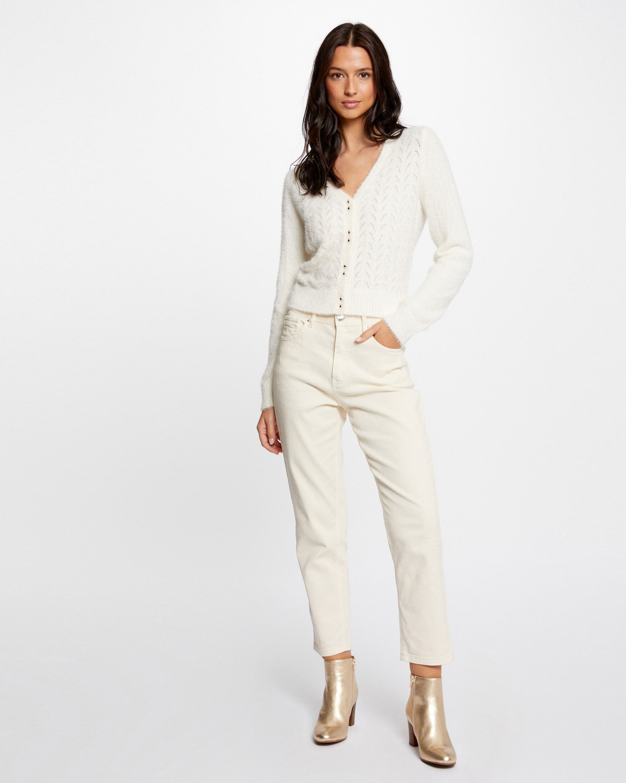 Cardigan de Manga Comprida com Detalhes Perfurados Creme-4