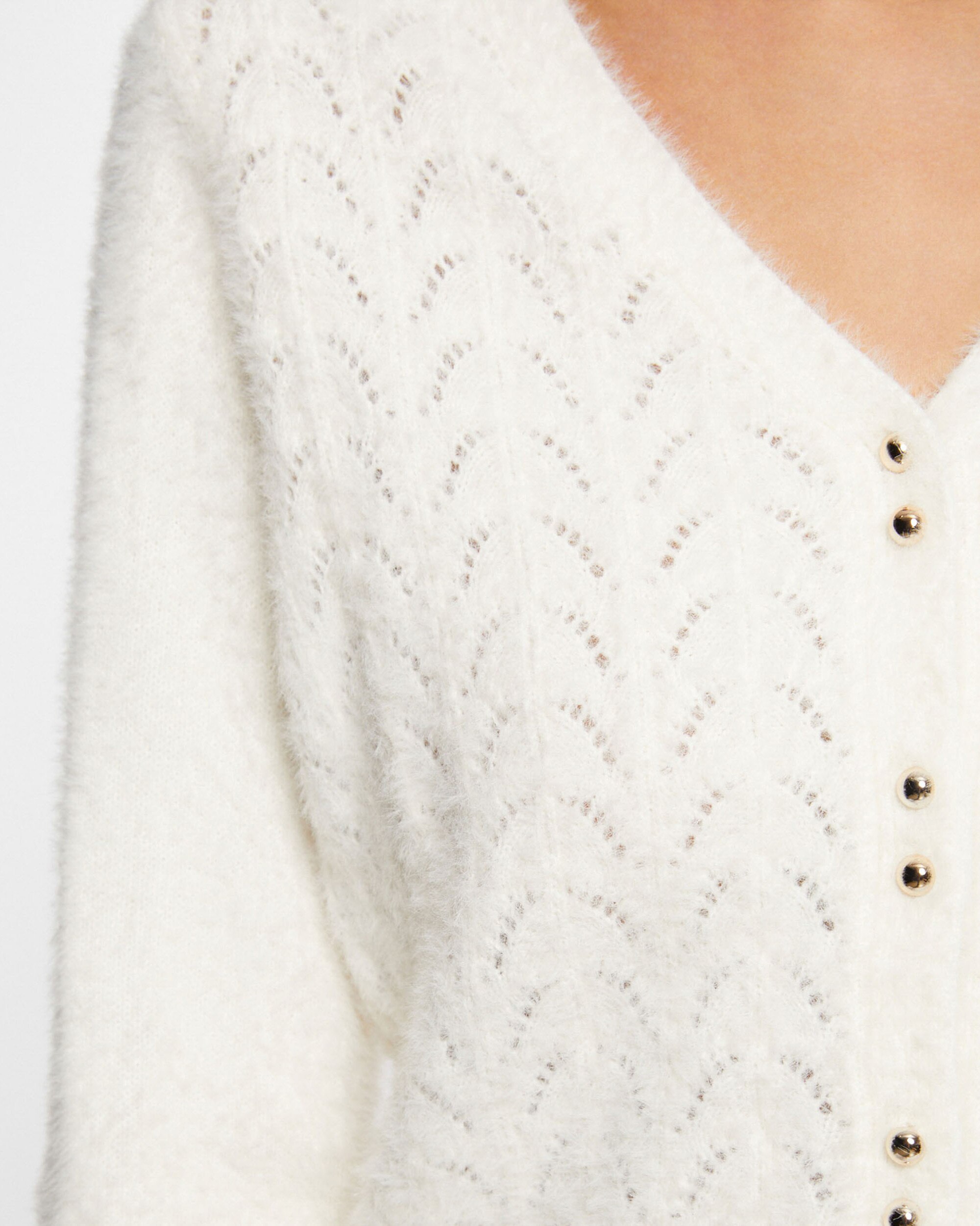 Cardigan de Manga Comprida com Detalhes Perfurados Creme-5