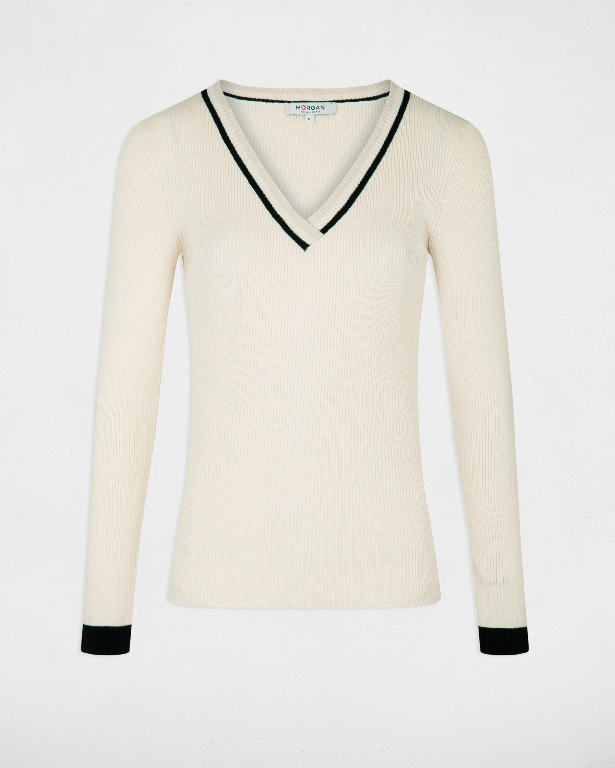 Camisola de Manga Comprida com Decote em V Branco-3
