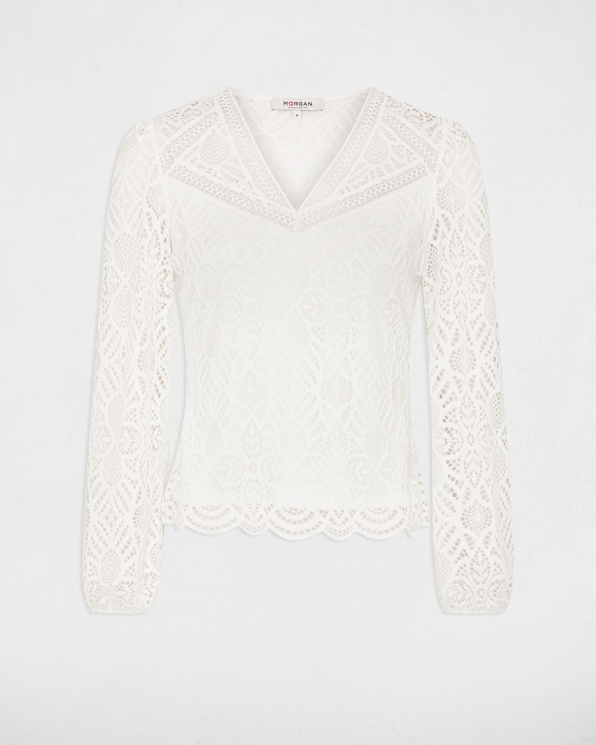 T-shirt de Renda com Decote em V Cru-3