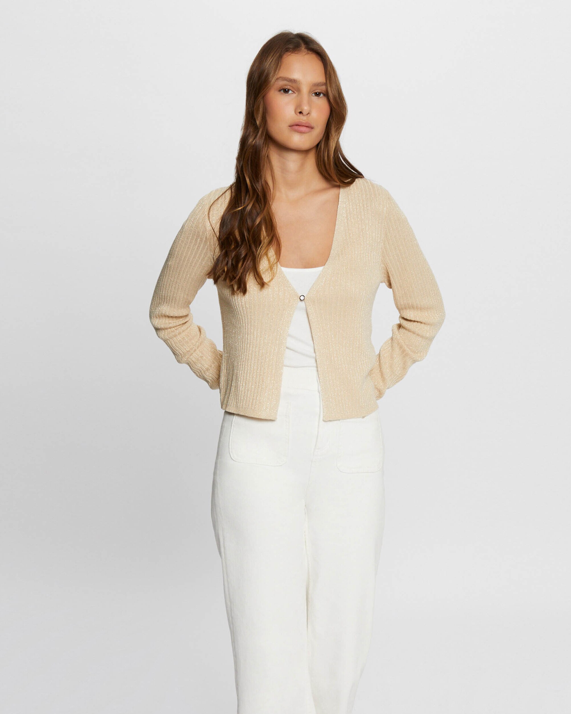 Cardigan de Manga Comprida com Fecho de Botão Ouro-1