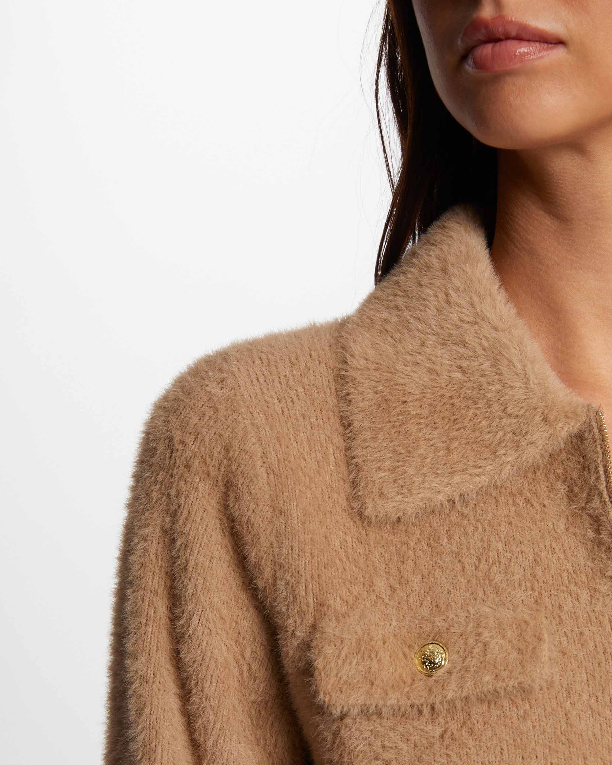 Cardigan de Manga Comprida com Gola de Lapela Castanho-claro-5