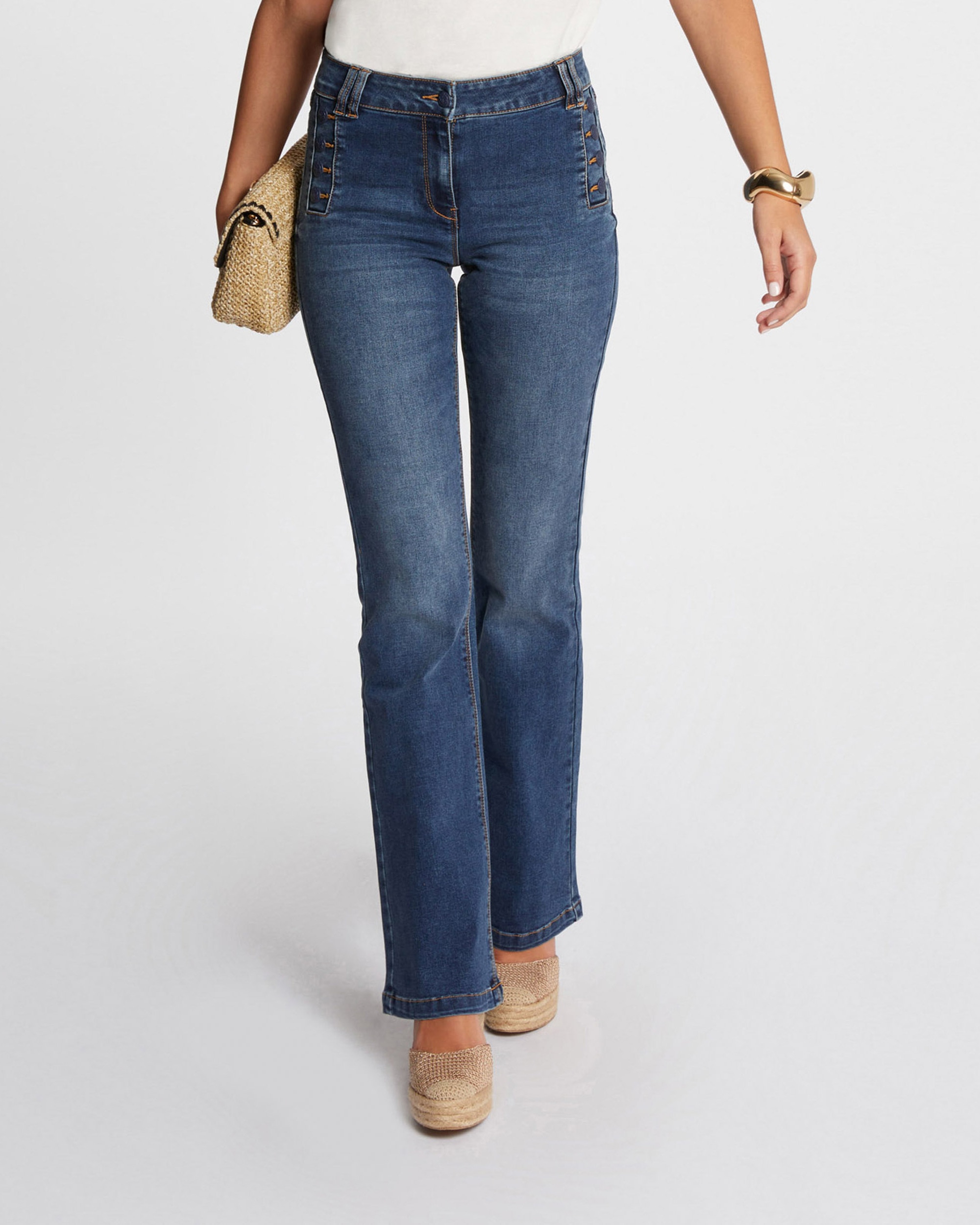 Jeans com Corte a Direito Flare com Botões Azul-índigo-2