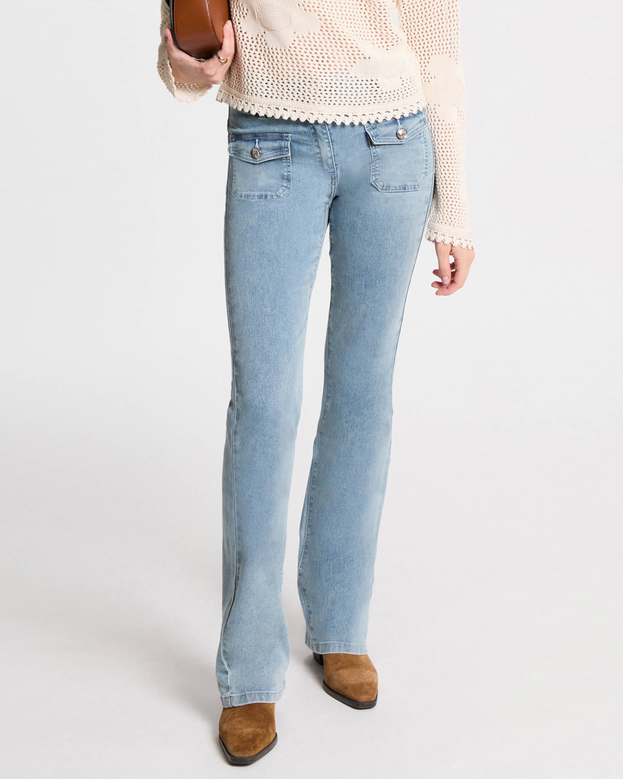 Jeans com Corte a Direito Bootcut de Cintura Subida com Bolsos de Aba Azul denim-1