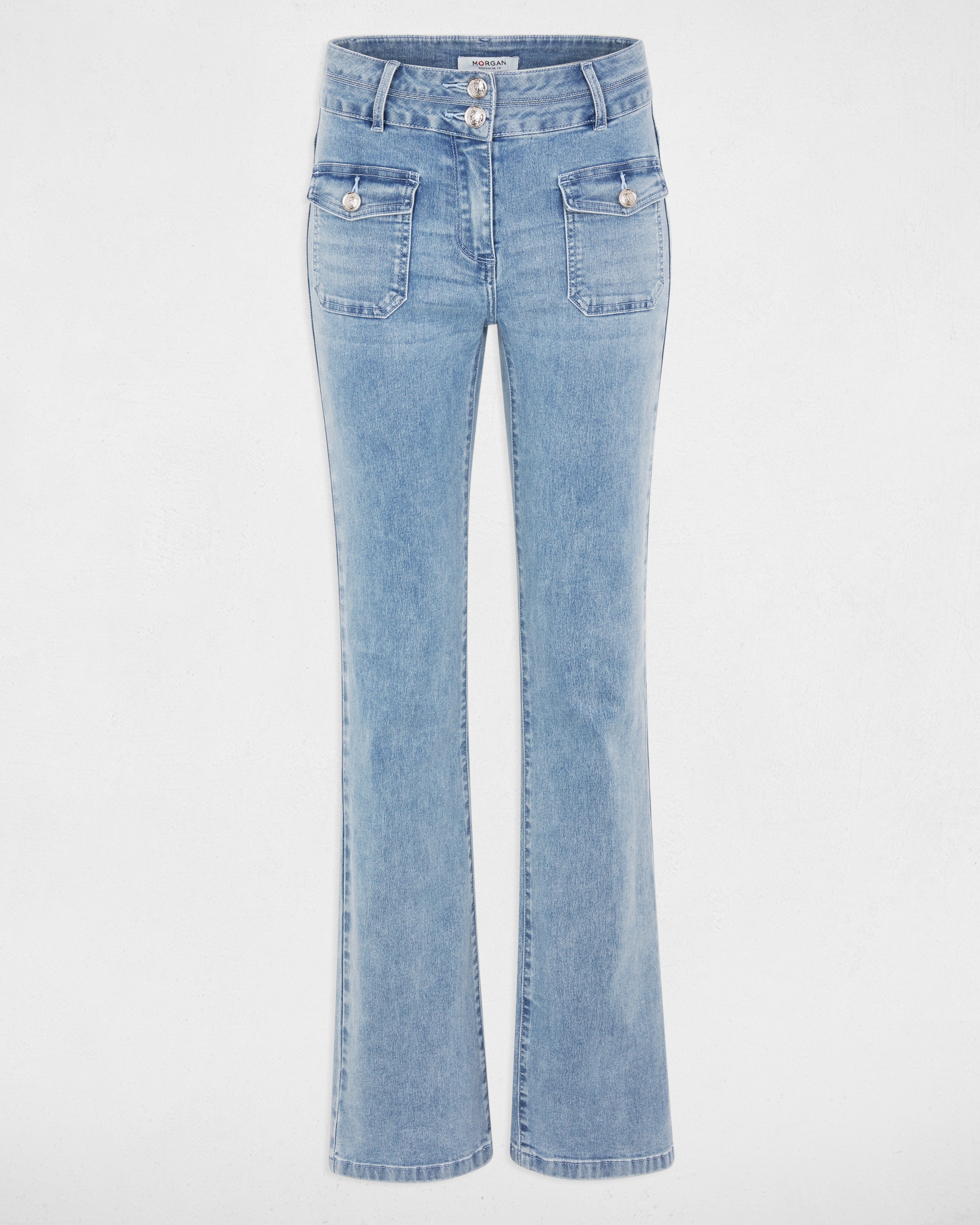 Jeans com Corte a Direito Bootcut de Cintura Subida com Bolsos de Aba Azul denim-2