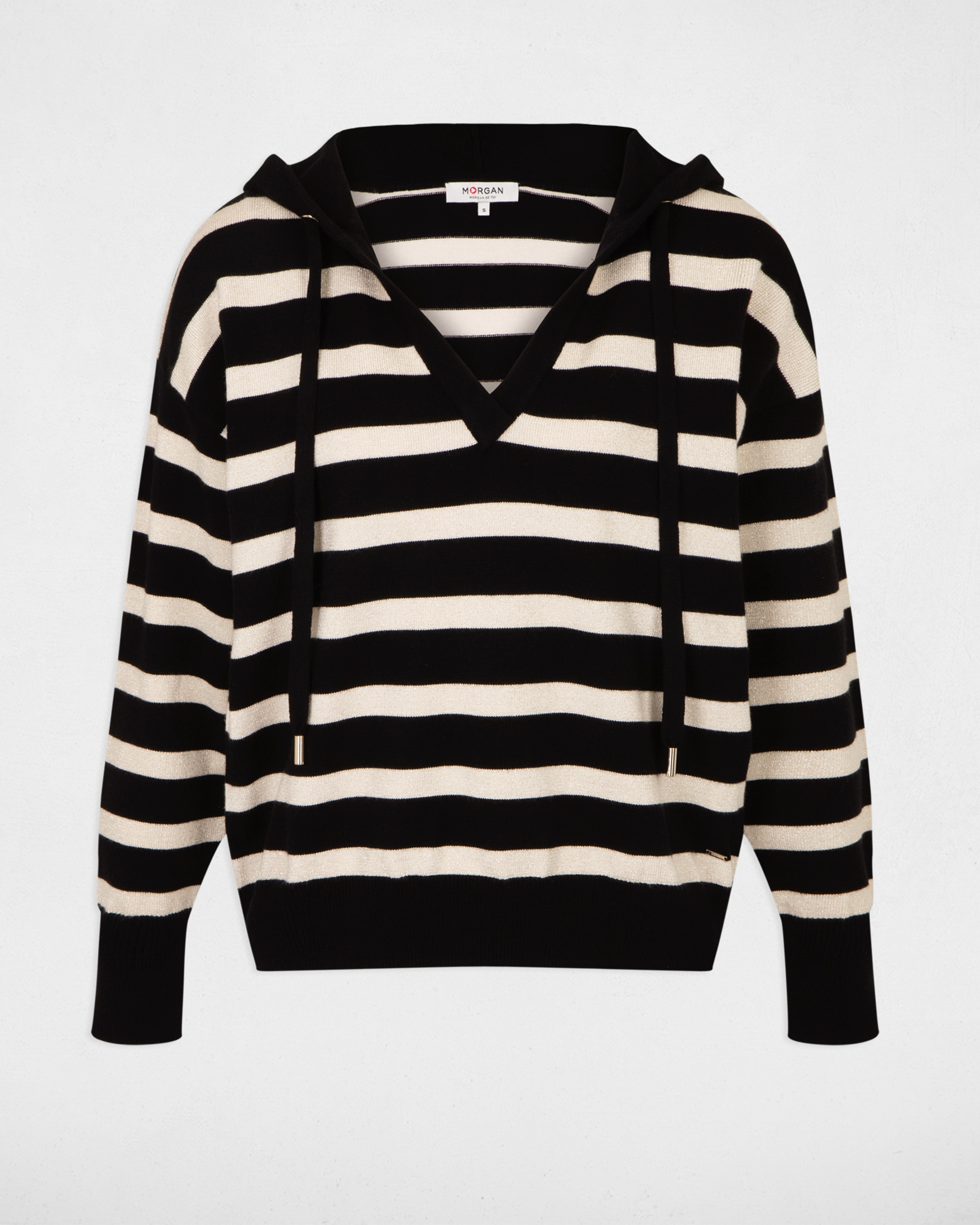 Camisola com Decote em V e Capuz Preto / Branco-3