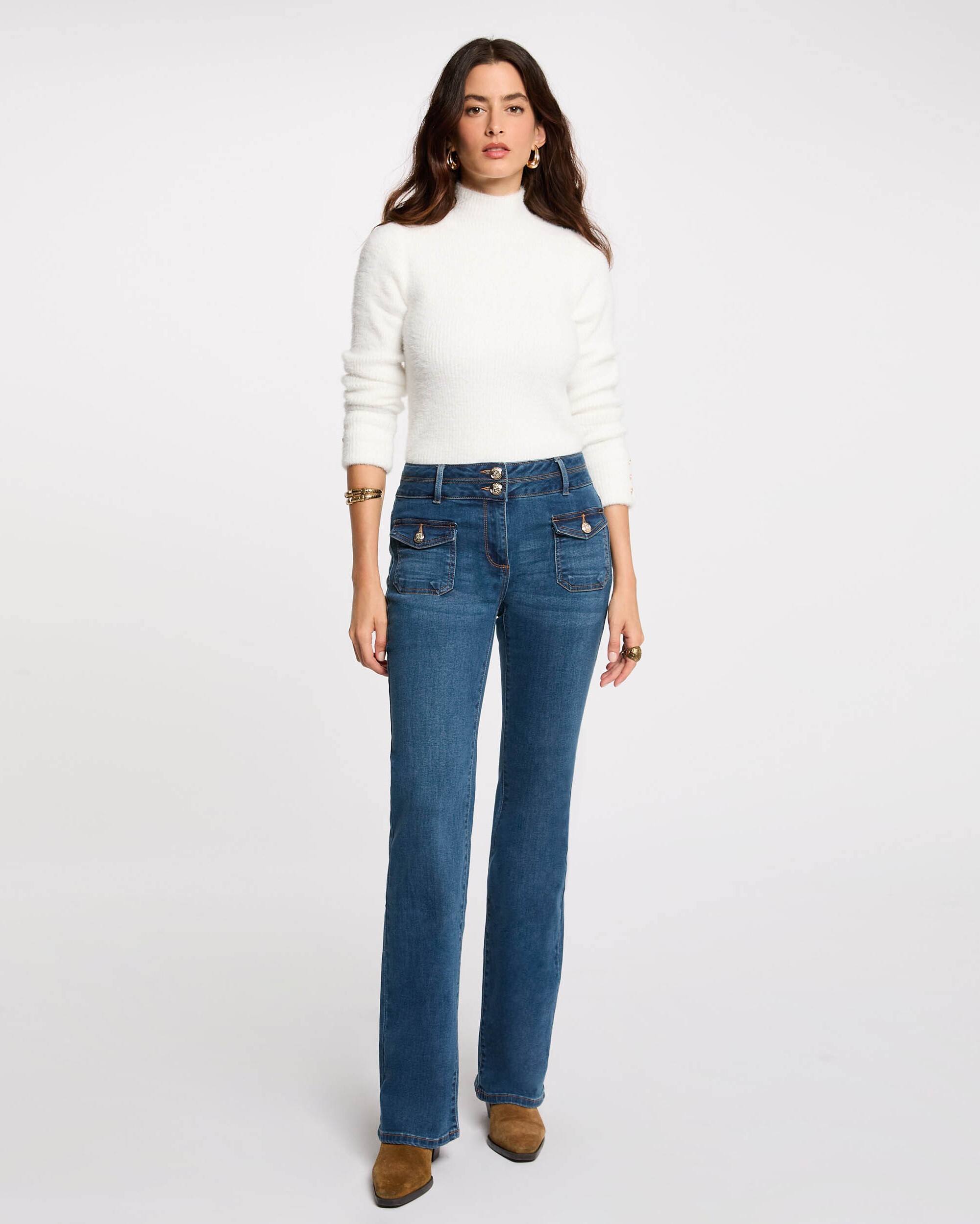 Jeans Boot-cut com Bolsos Azul-índigo-4