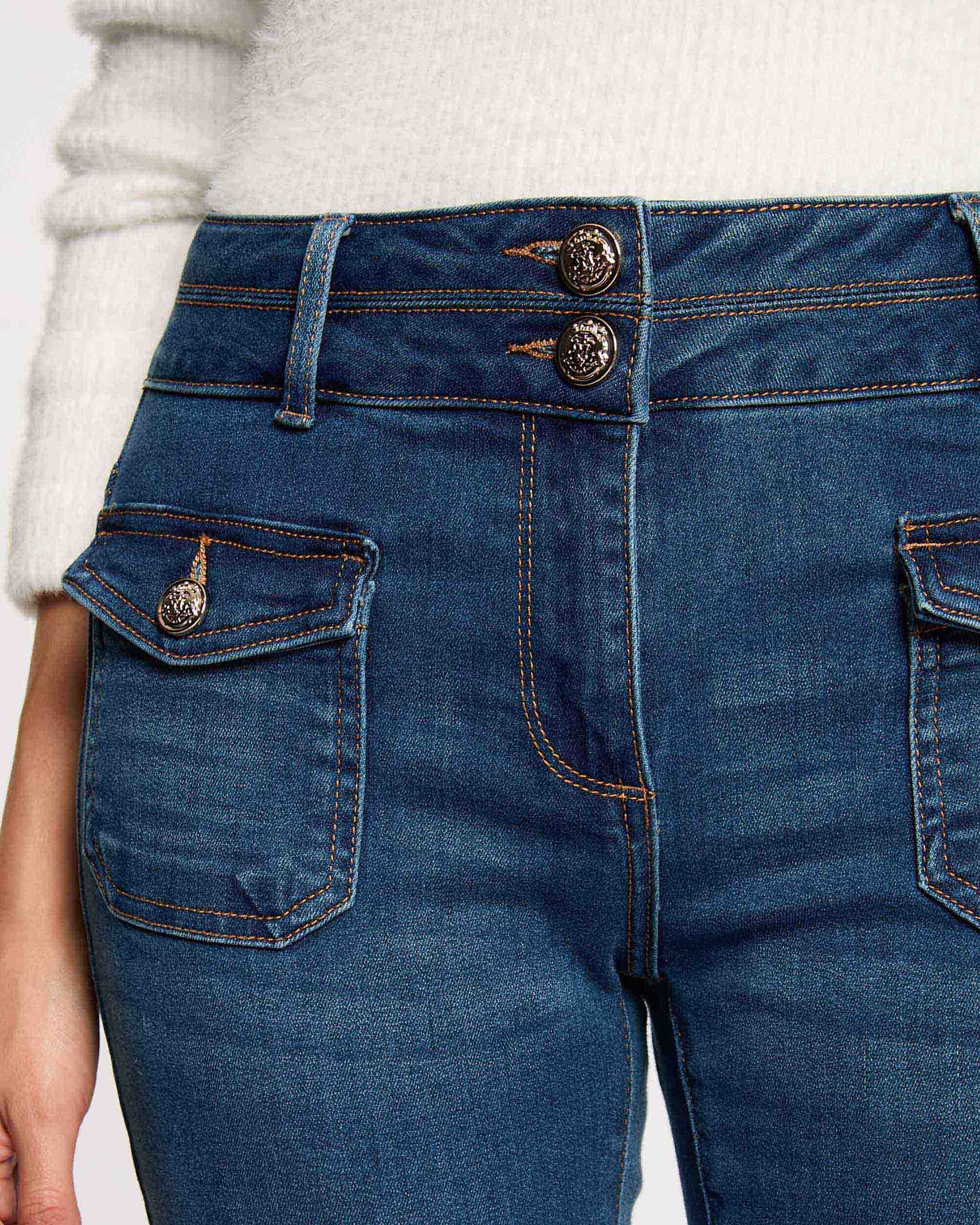 Jeans Boot-cut com Bolsos Azul-índigo-5