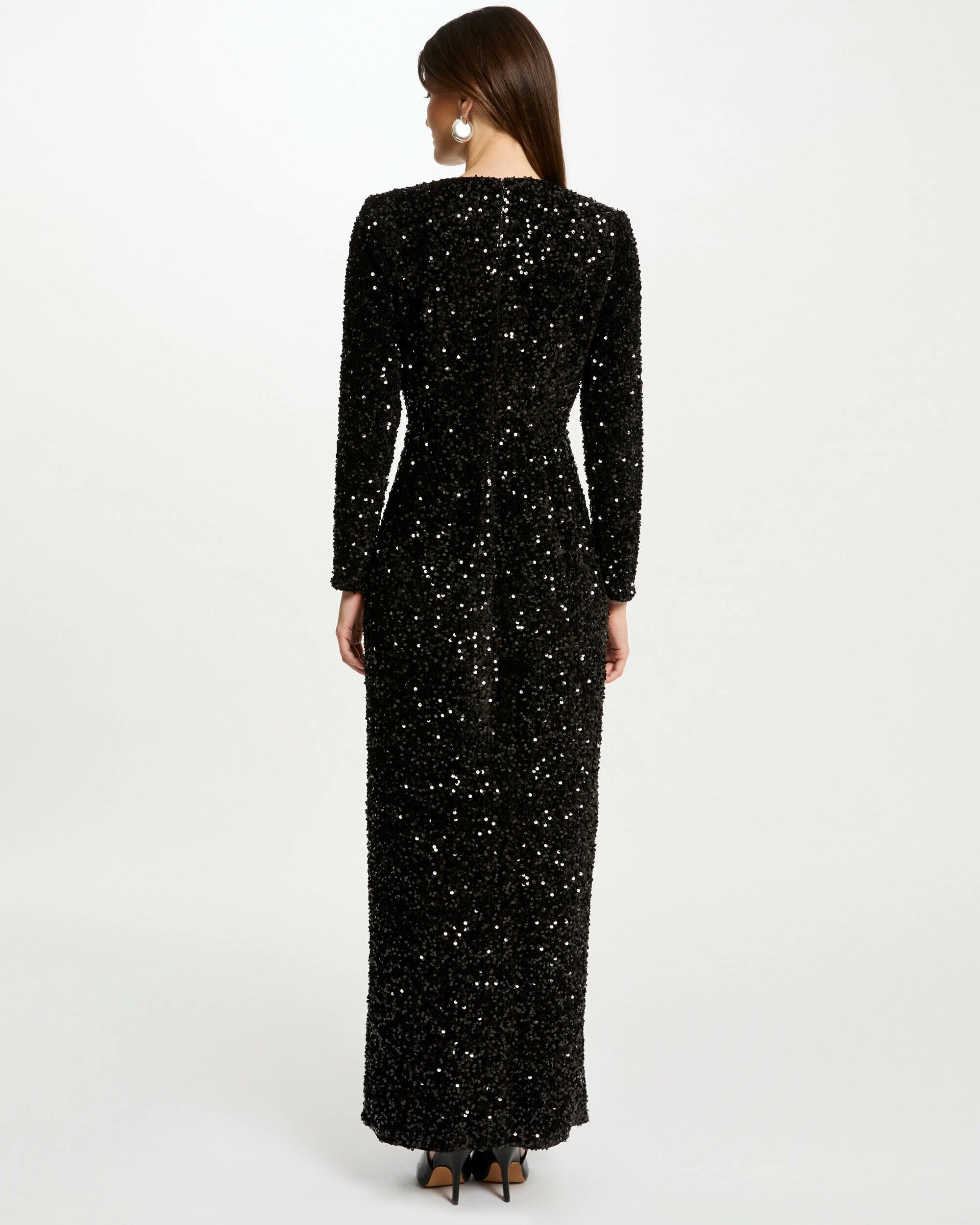 Vestido Comprido Ajustado de Lantejoulas Preto-2