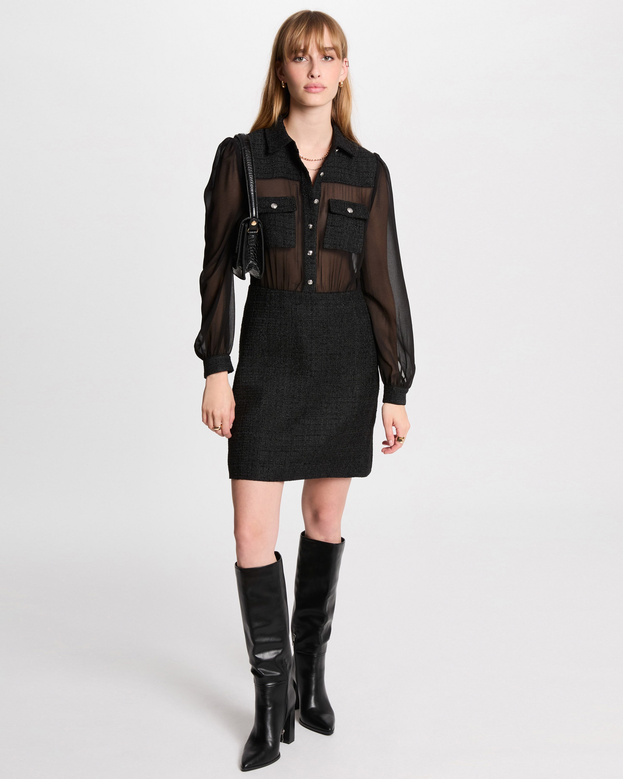 Vestido Curto Ajustado Combinado Preto-1