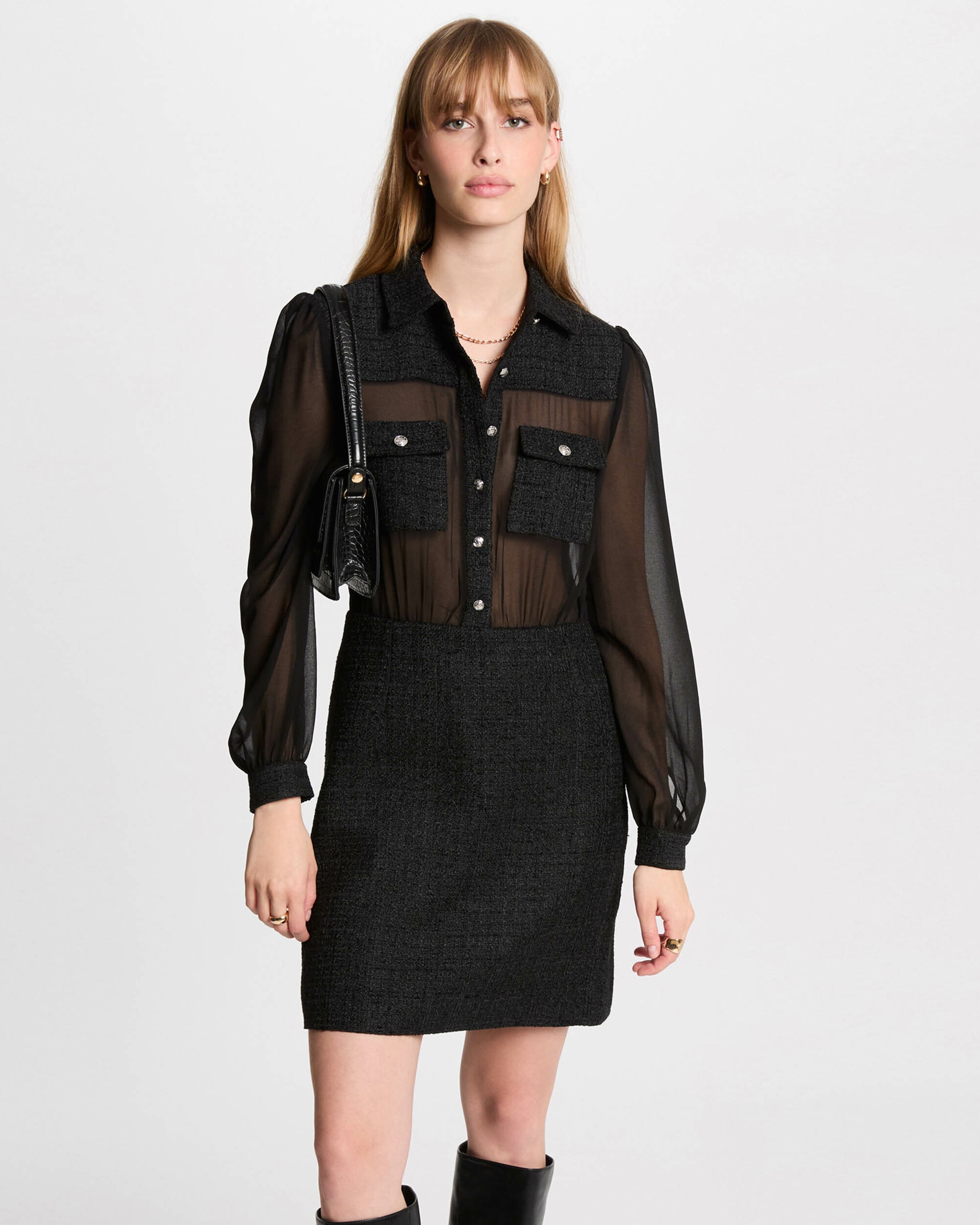 Vestido Curto Ajustado Combinado Preto-3