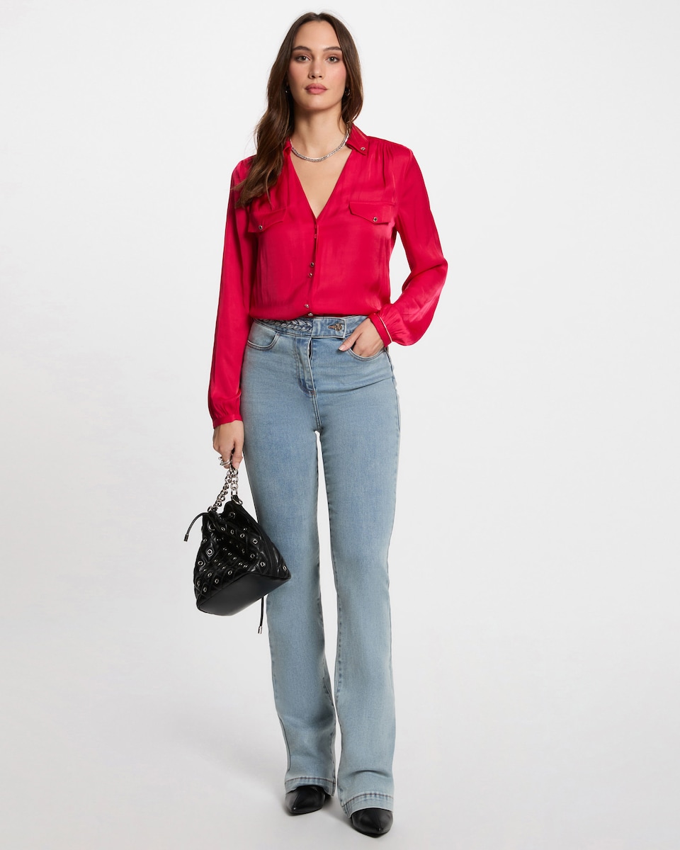 Jeans com Corte a Direito com Detalhes Entrançados Azul-claro-1