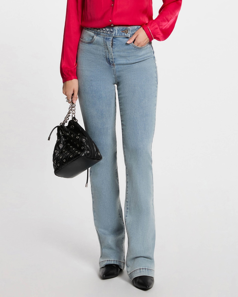 Jeans com Corte a Direito com Detalhes Entrançados Azul-claro-2