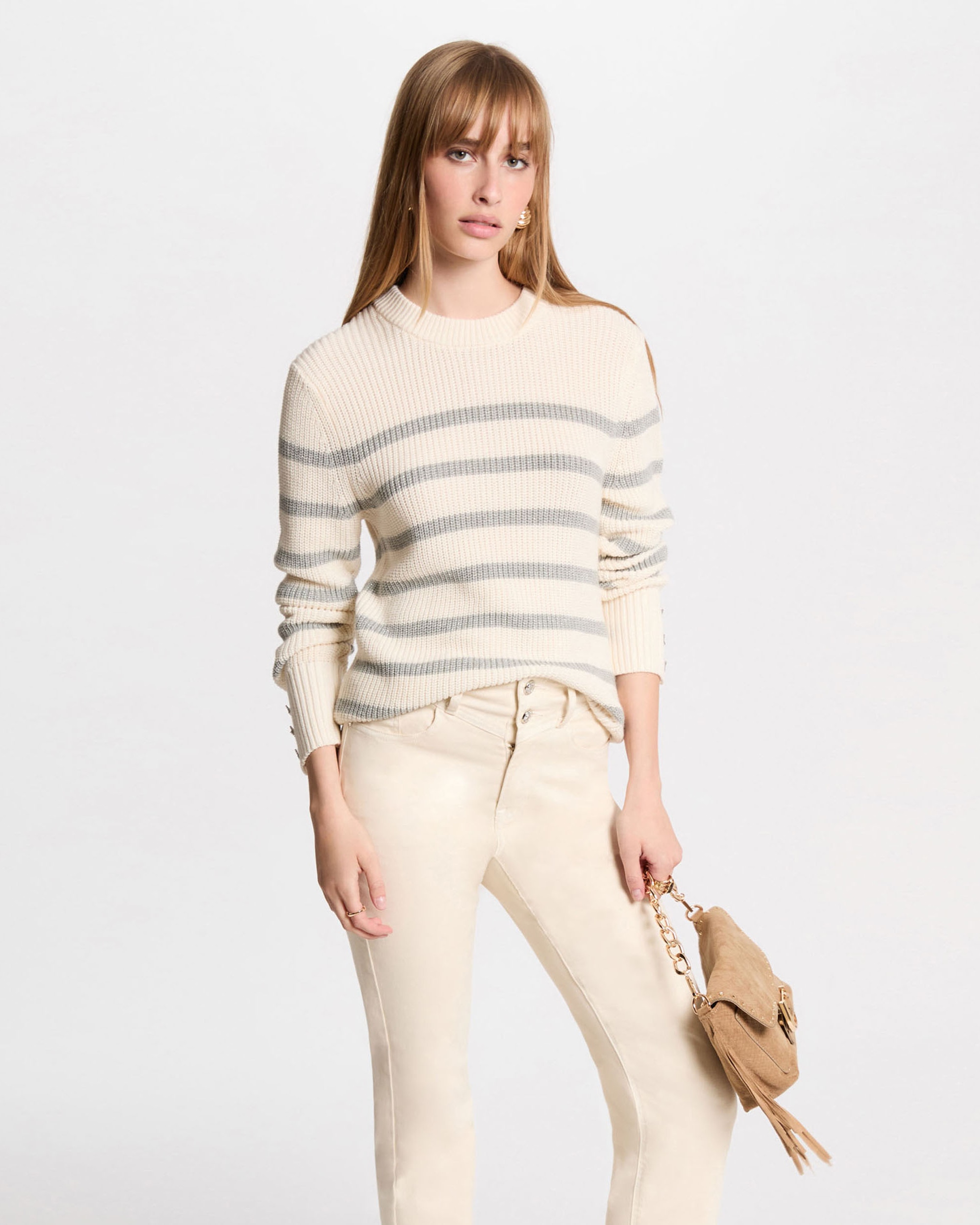 Camisola com Riscas e Gola Redonda Cru-1