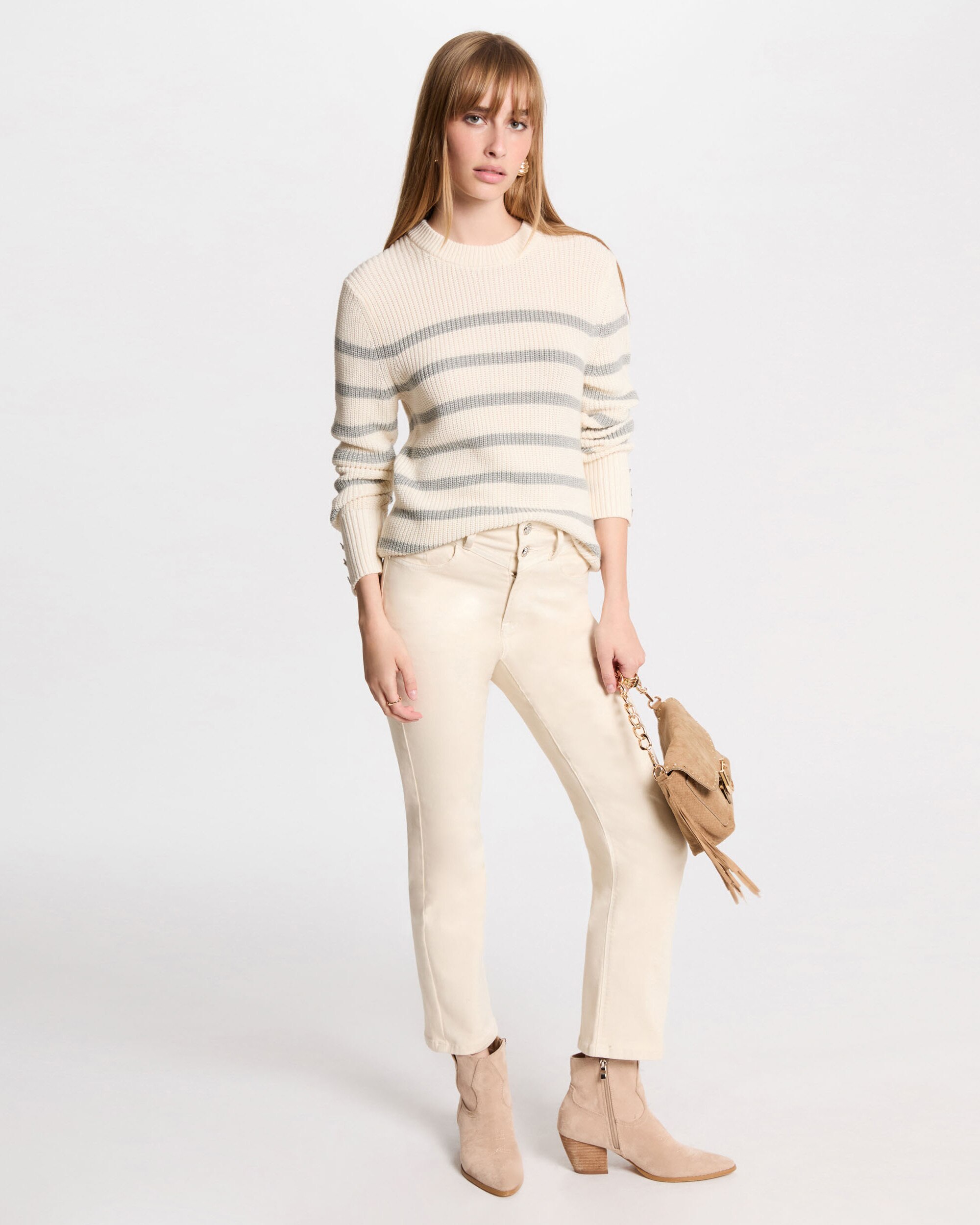 Camisola com Riscas e Gola Redonda Cru-3