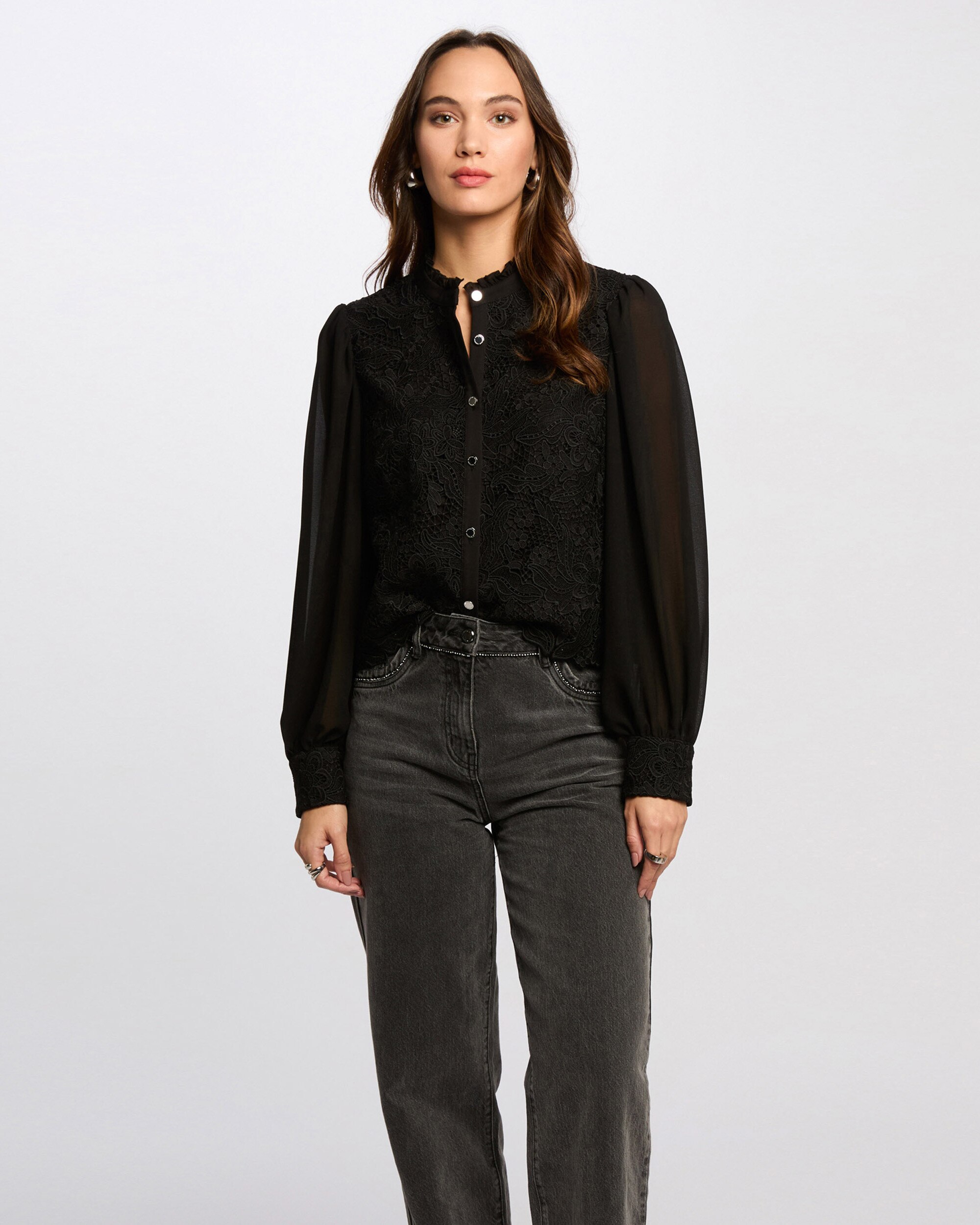 Camisa de Manga Comprida com Gola Alta Preto-1