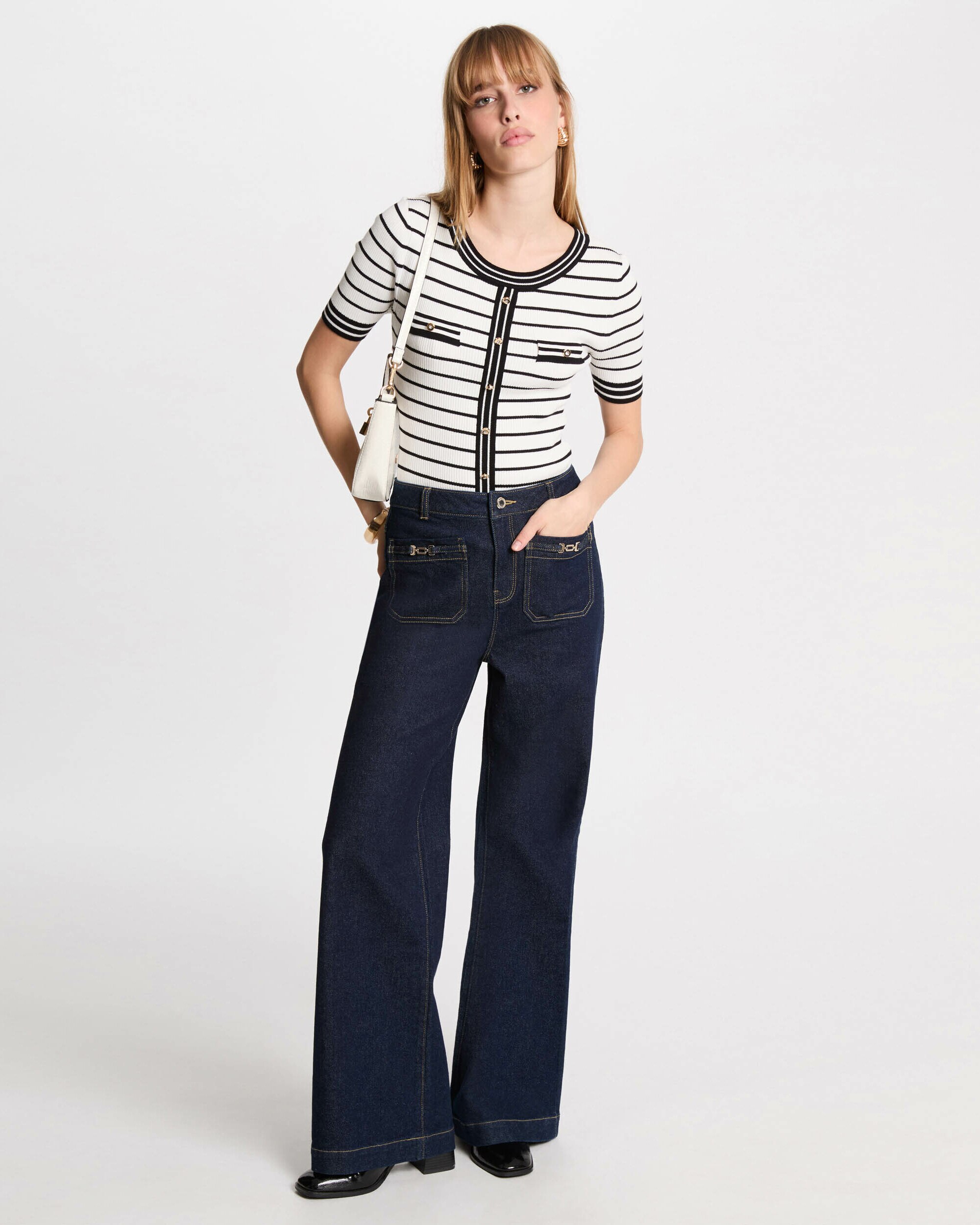 Jeans À Boca de Sino de Perna Larga e Bolsos Patch Azul-escuro-1
