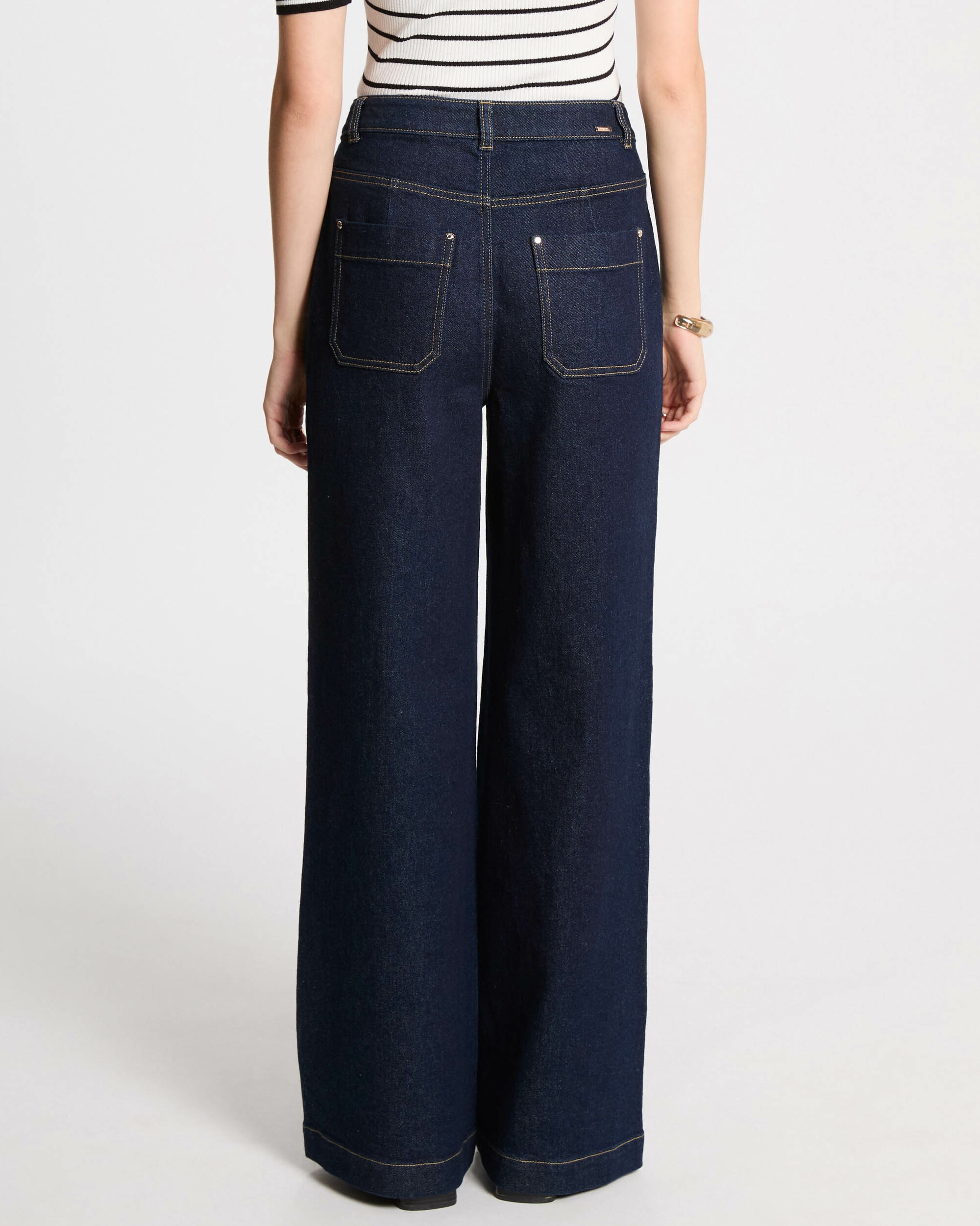 Jeans À Boca de Sino de Perna Larga e Bolsos Patch Azul-escuro-2