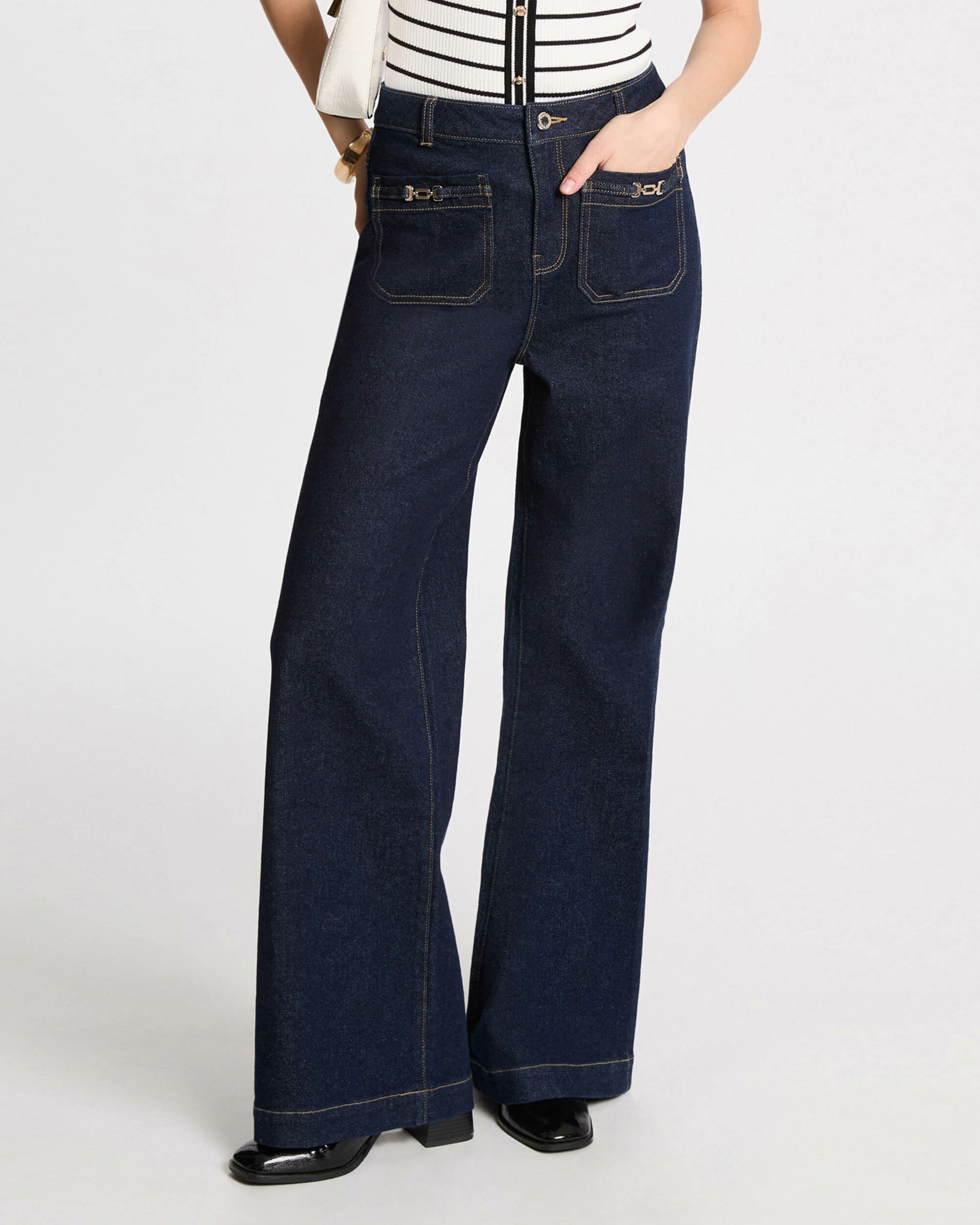 Jeans À Boca de Sino de Perna Larga e Bolsos Patch Azul-escuro-3