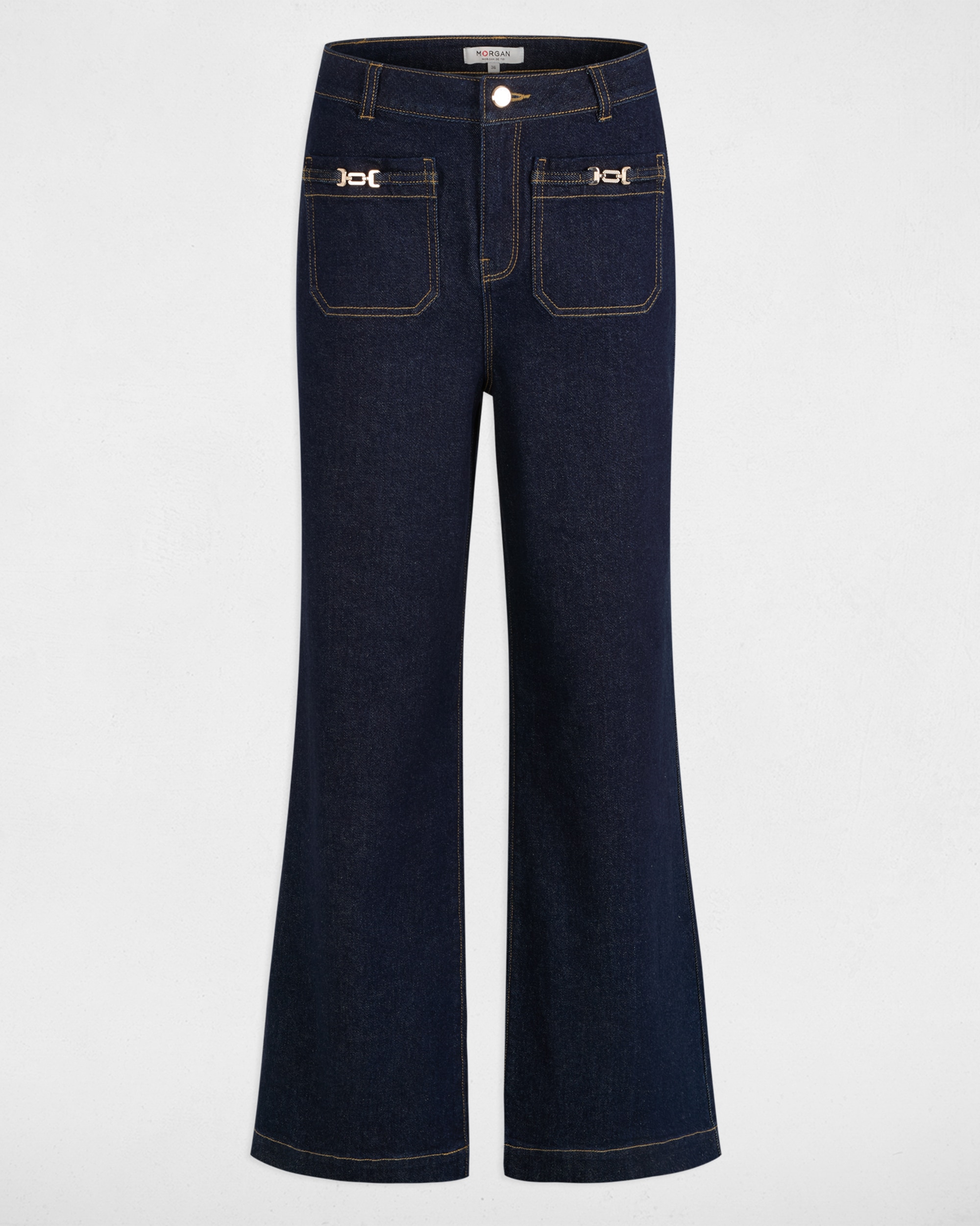 Jeans À Boca de Sino de Perna Larga e Bolsos Patch Azul-escuro-5