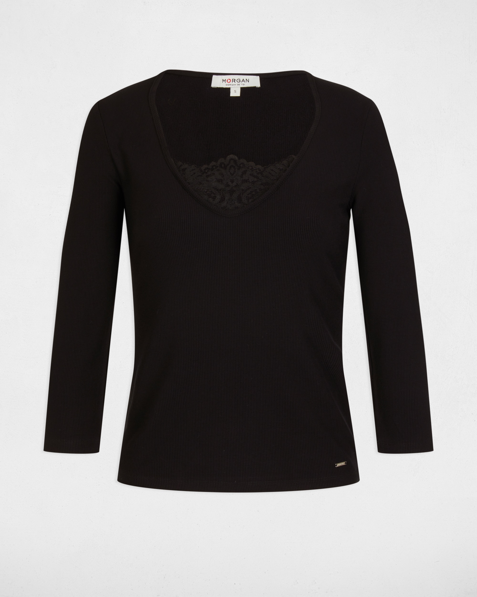 T-shirt de Manga 3/4 com Renda Preto-5