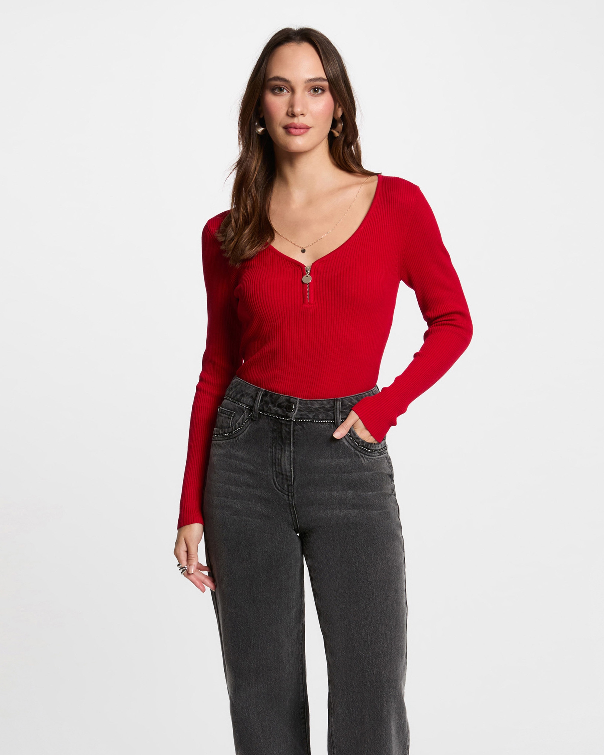 Camisola Canelada com Fecho de Correr Vermelho-1
